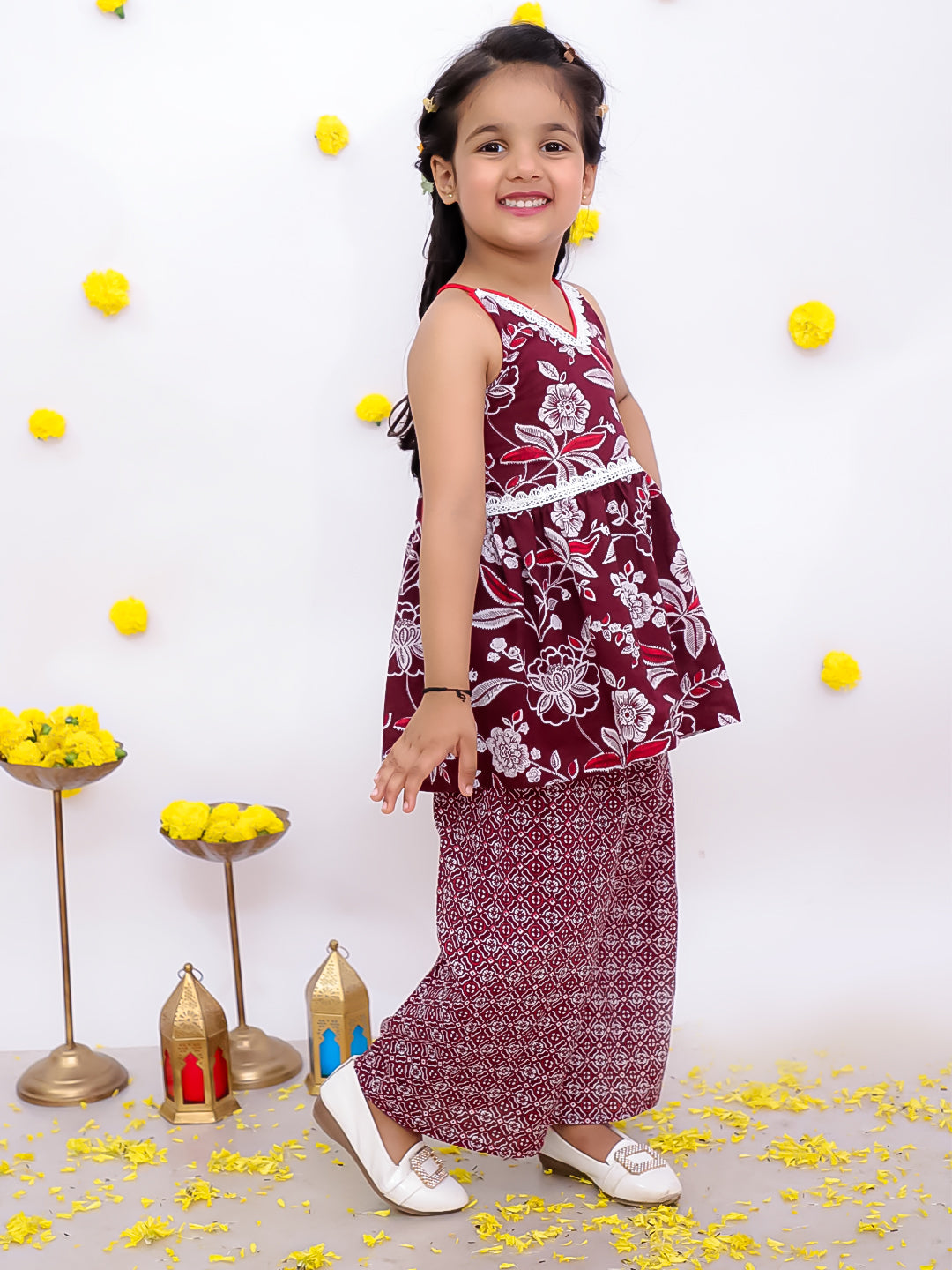 BownBee Sleeveless Pure Cotton Top With Palazo Set For Girls - Maroon