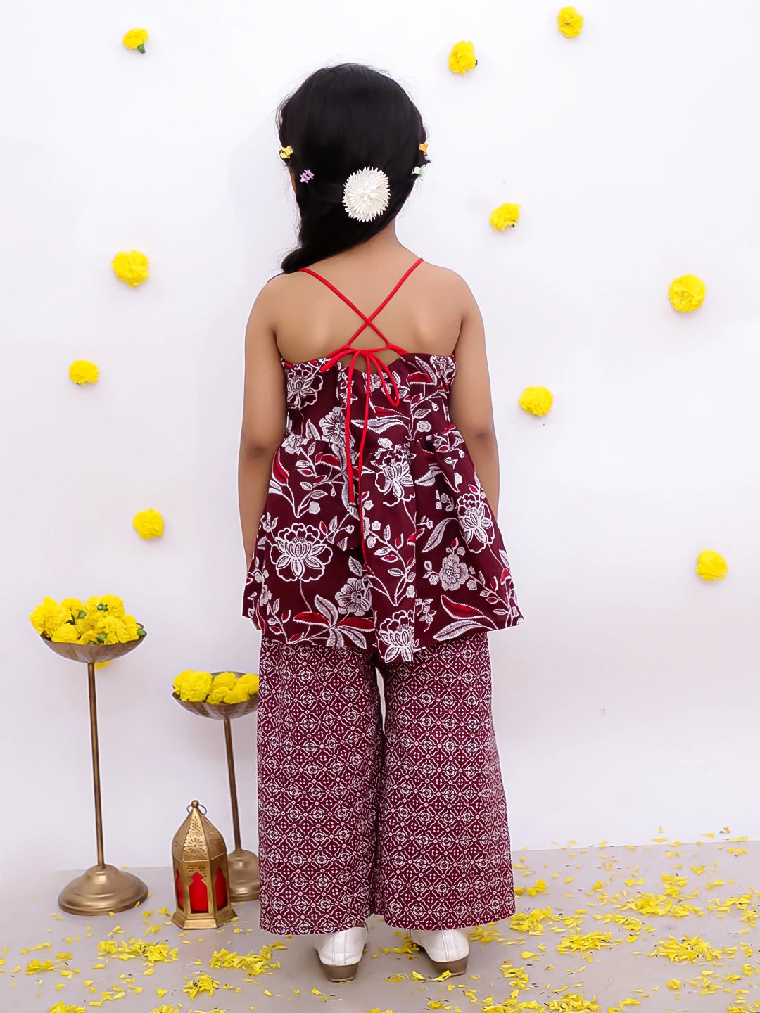 BownBee Sleeveless Top With Palazzo & Printed Full Sleeve Short Kurta Sibling Set