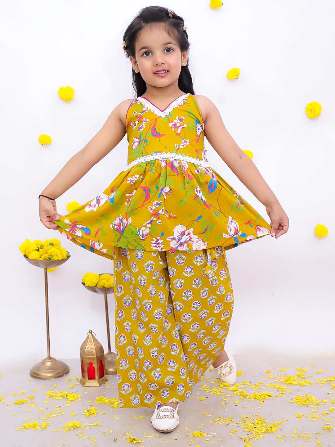 BownBee Sleeveless Pure Cotton Top With Palazo Set For Girls - Pink