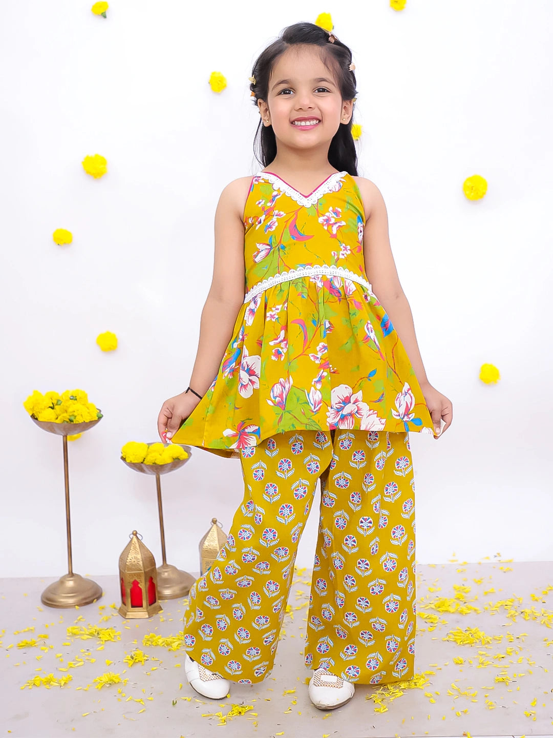 BownBee Sleeveless Top With Palazzo & Printed Full Sleeve Short Kurta Sibling Set