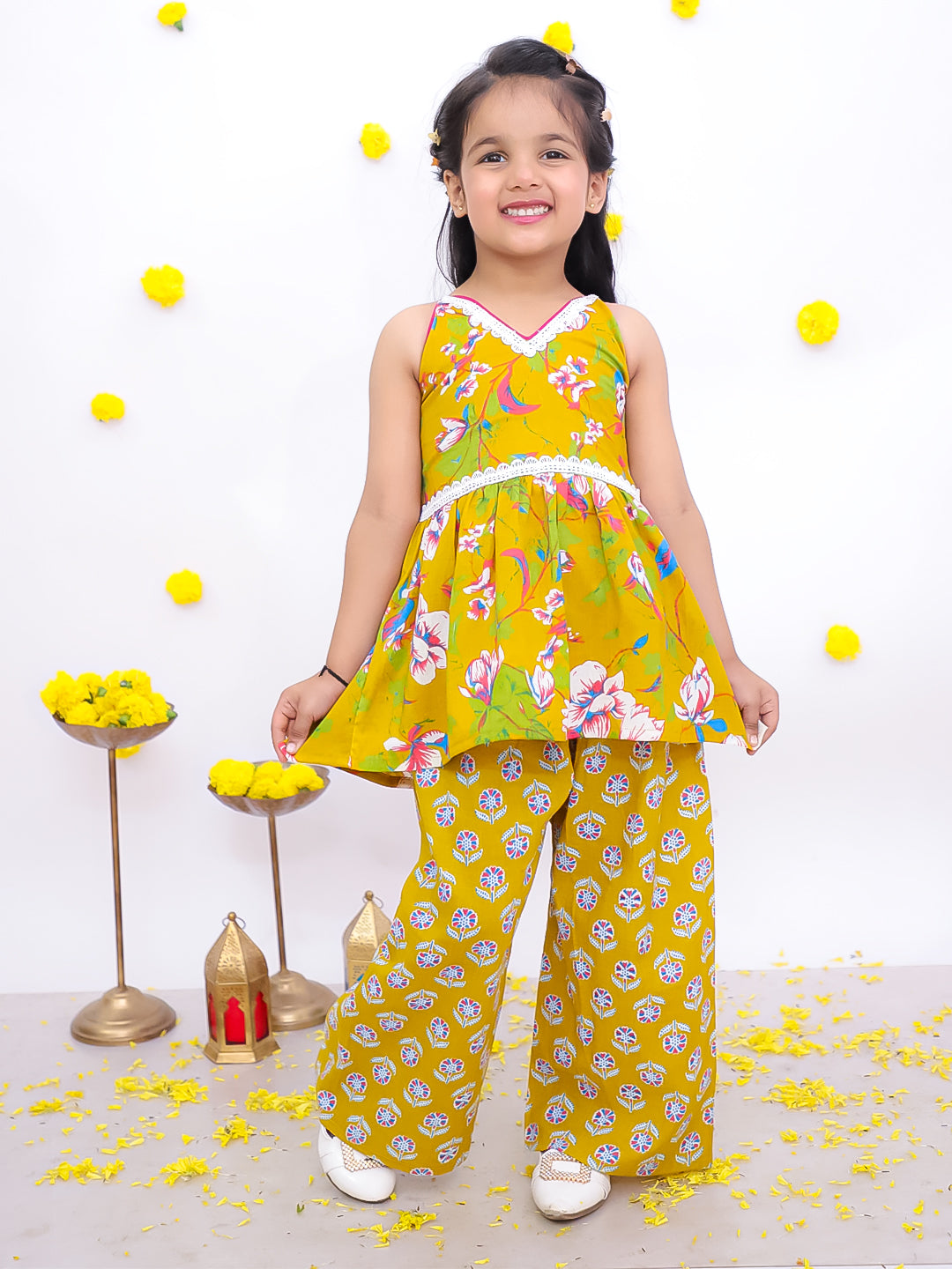 BownBee Sleeveless Pure Cotton Top With Palazo Set For Girls - Mustard