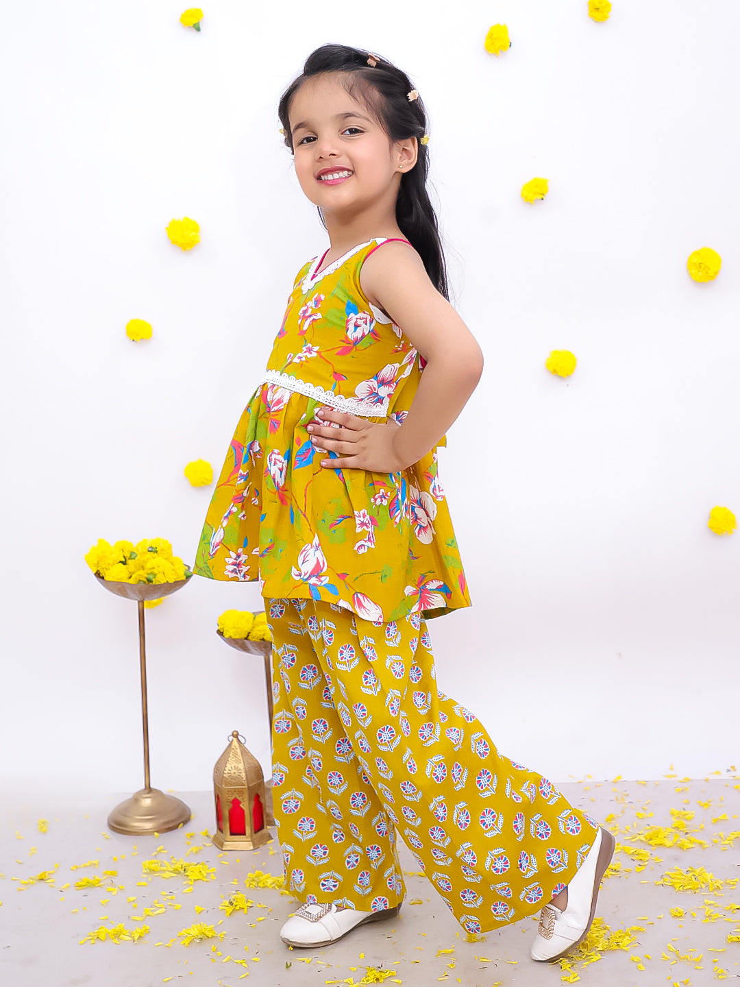 BownBee Sleeveless Pure Cotton Top With Palazo Set For Girls - Mustard