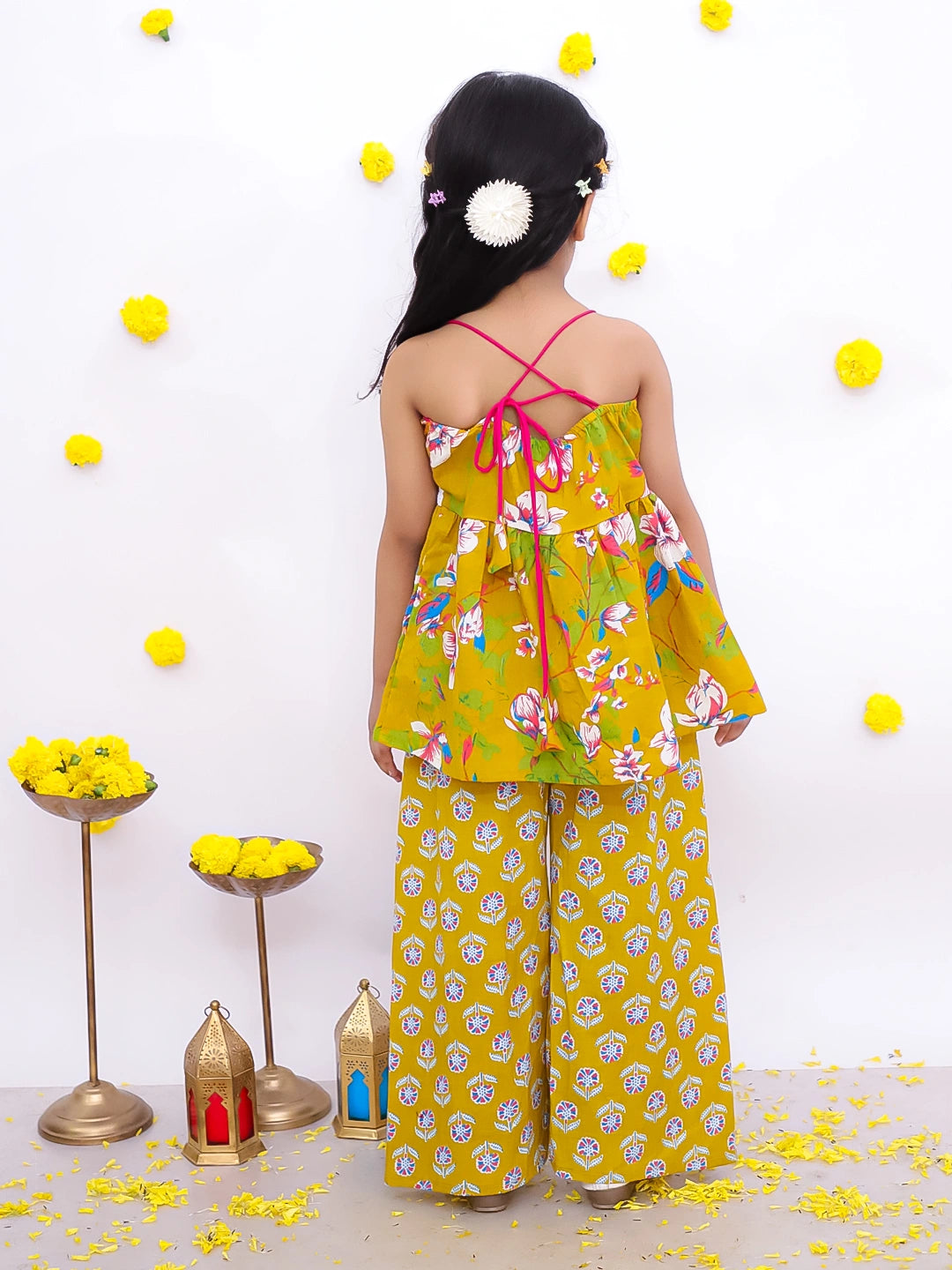 BownBee Sleeveless Top With Palazzo & Printed Full Sleeve Short Kurta Sibling Set