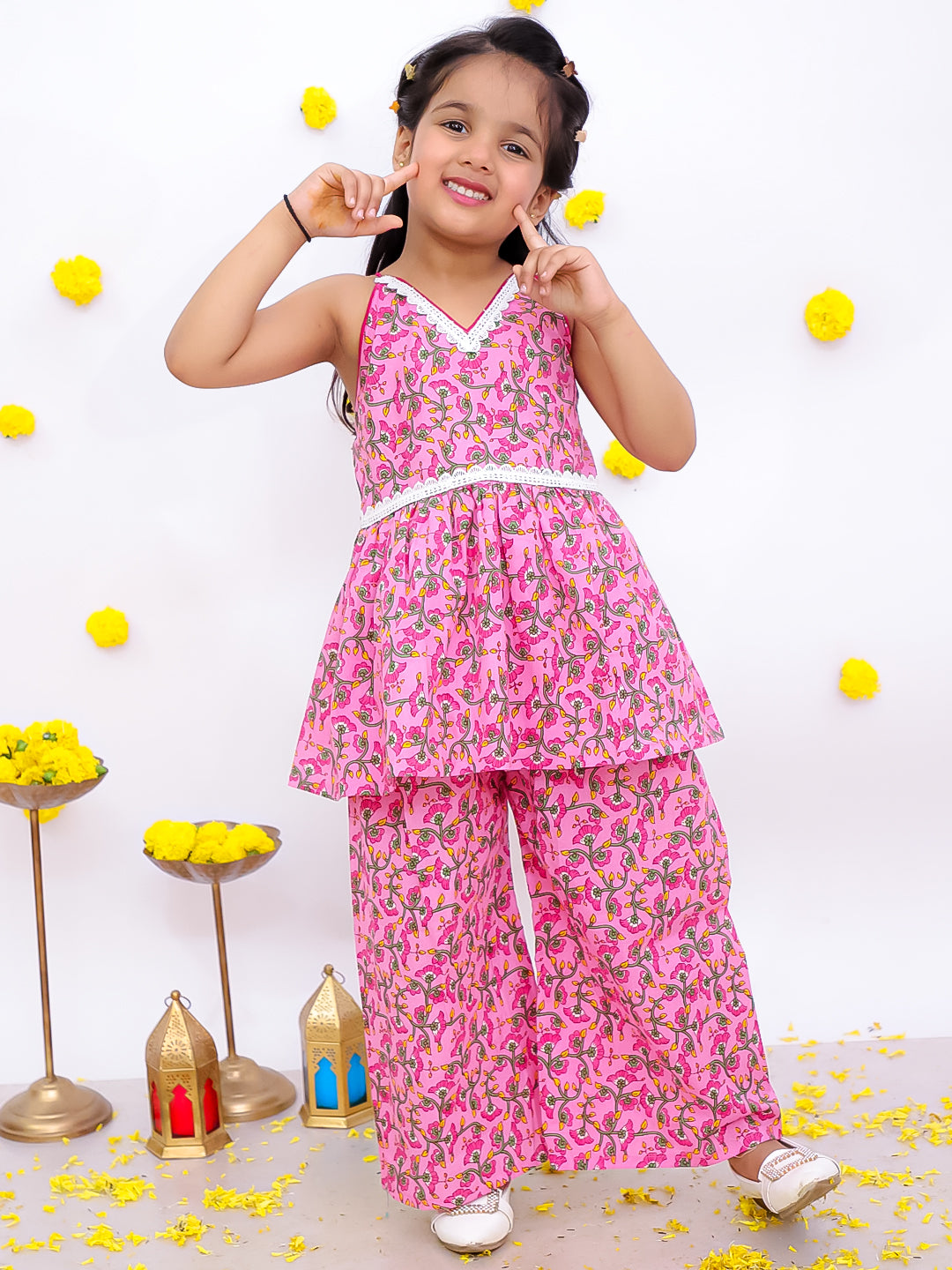 BownBee Sleeveless Pure Cotton Top With Palazo Set For Girls - Mustard