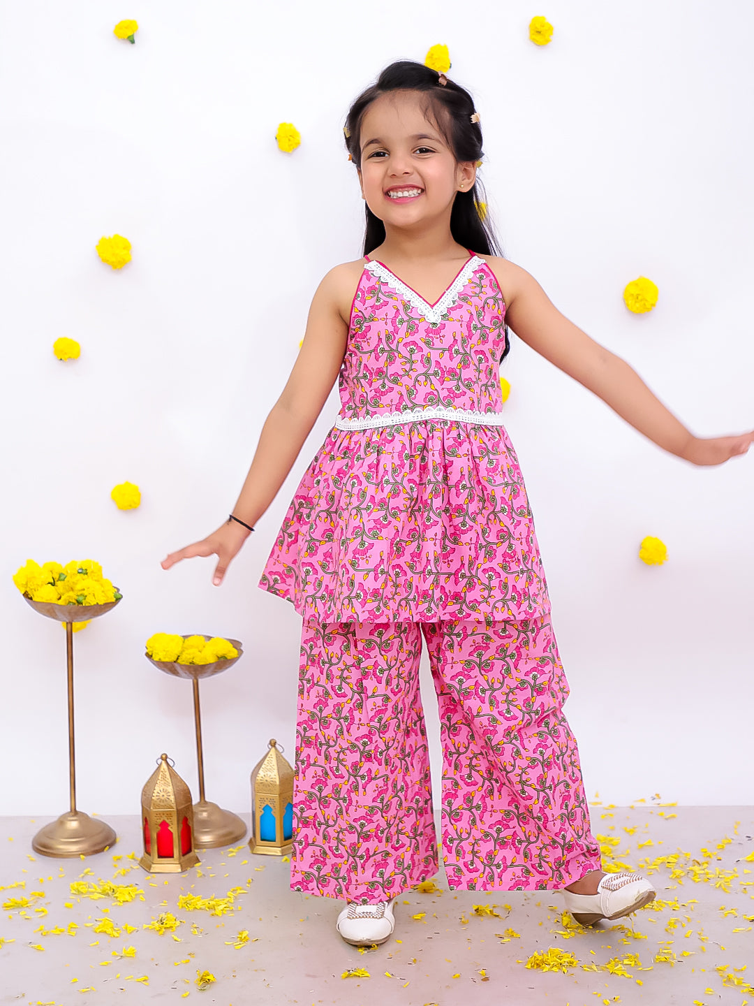 BownBee Sleeveless Pure Cotton Top With Palazo Set For Girls - Mustard