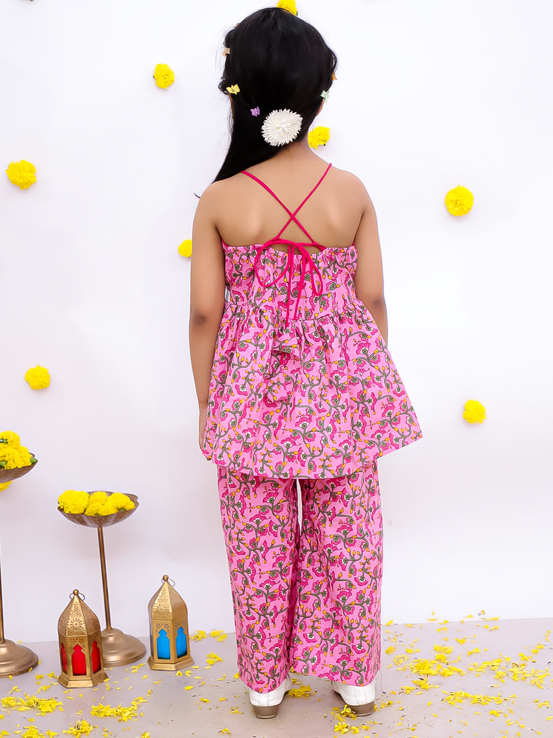 BownBee Sleeveless Pure Cotton Top With Palazo Set For Girls - Mustard