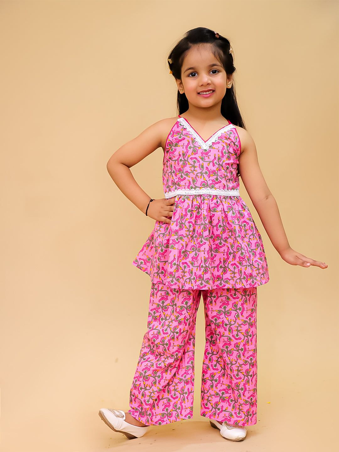 BownBee Sleeveless Pure Cotton Top With Palazo Set For Girls - Mustard