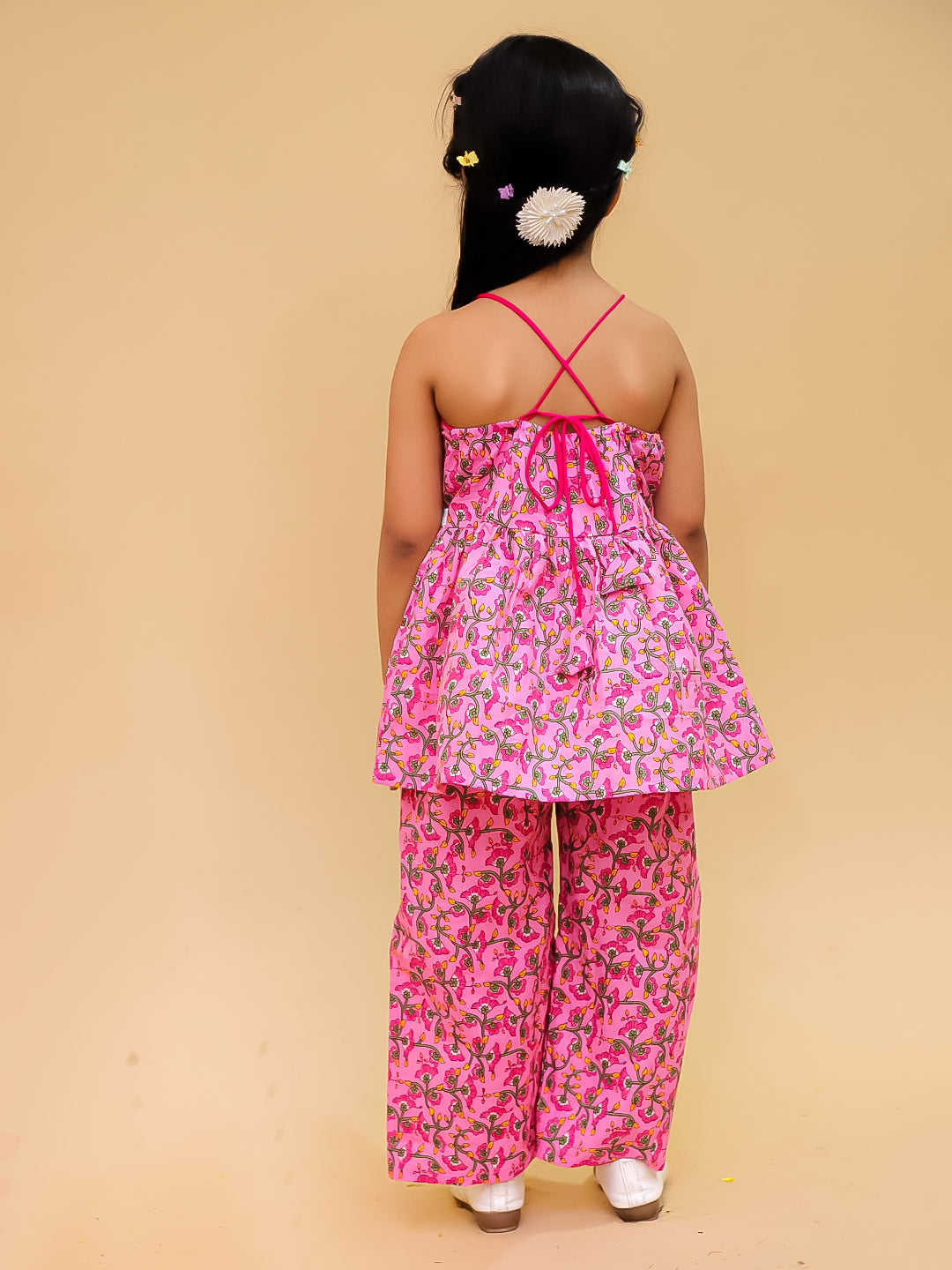 BownBee Sleeveless Pure Cotton Top With Palazo Set For Girls - Pink
