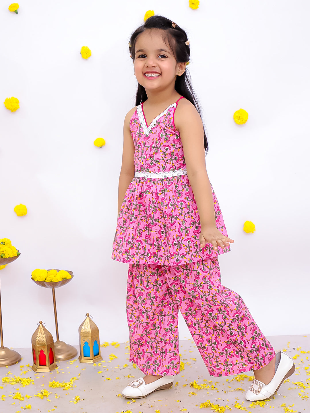 BownBee Sleeveless Pure Cotton Top With Palazo Set For Girls - Mustard
