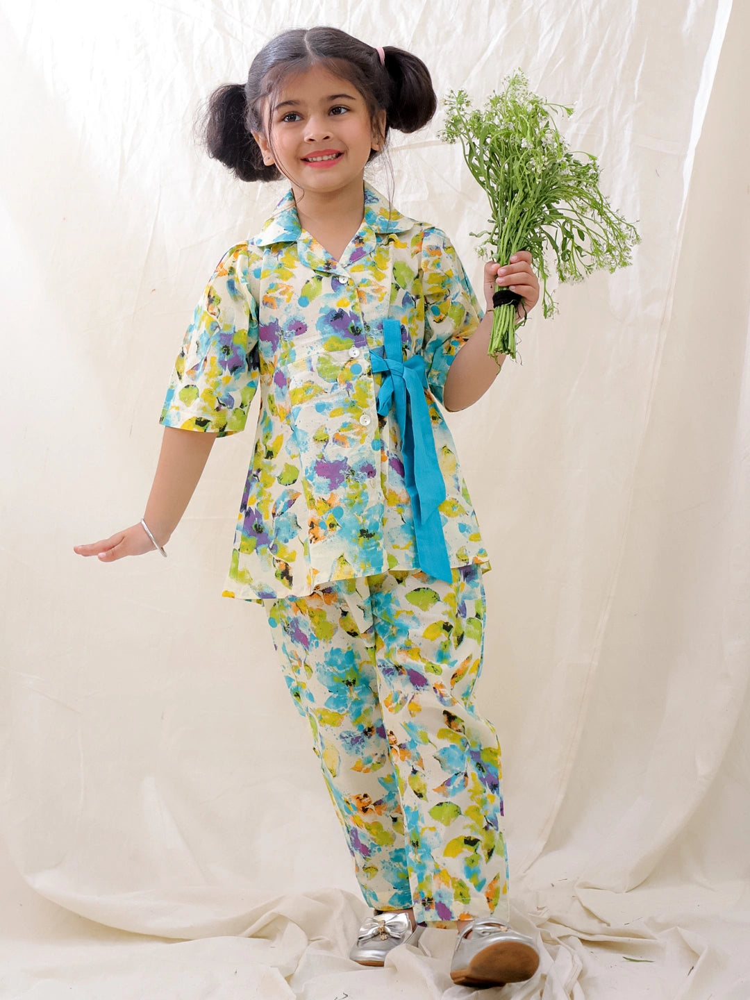 BownBee Short Sleeves Pure Cotton Top & Pants Set For Girls