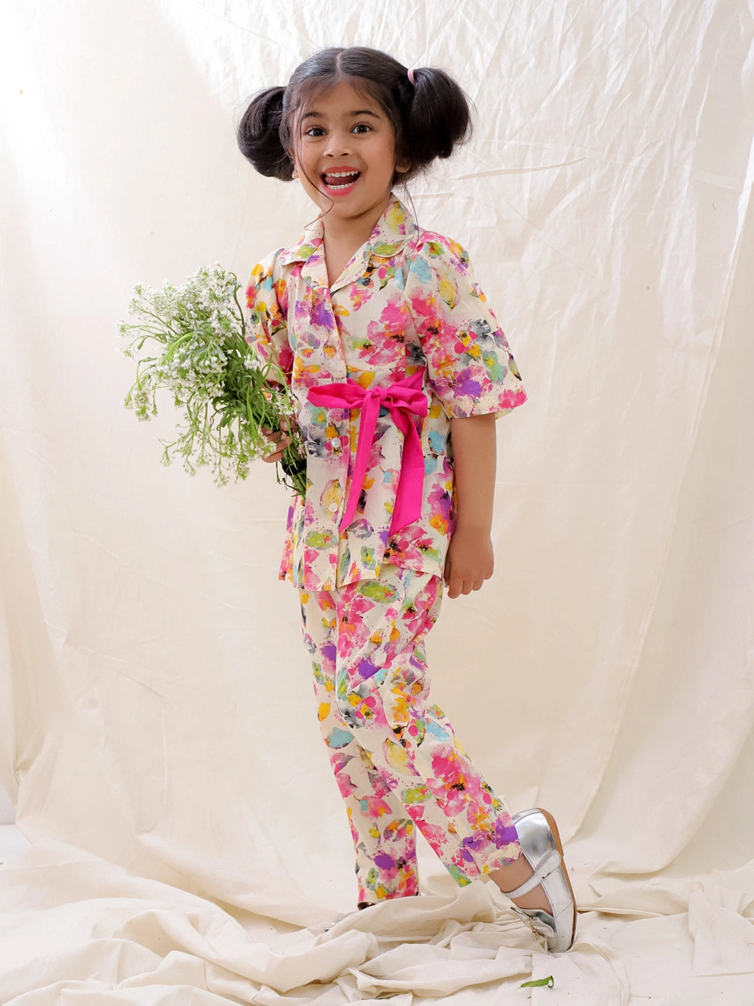 BownBee Short Sleeves Pure Cotton Top & Pants Set For Girls