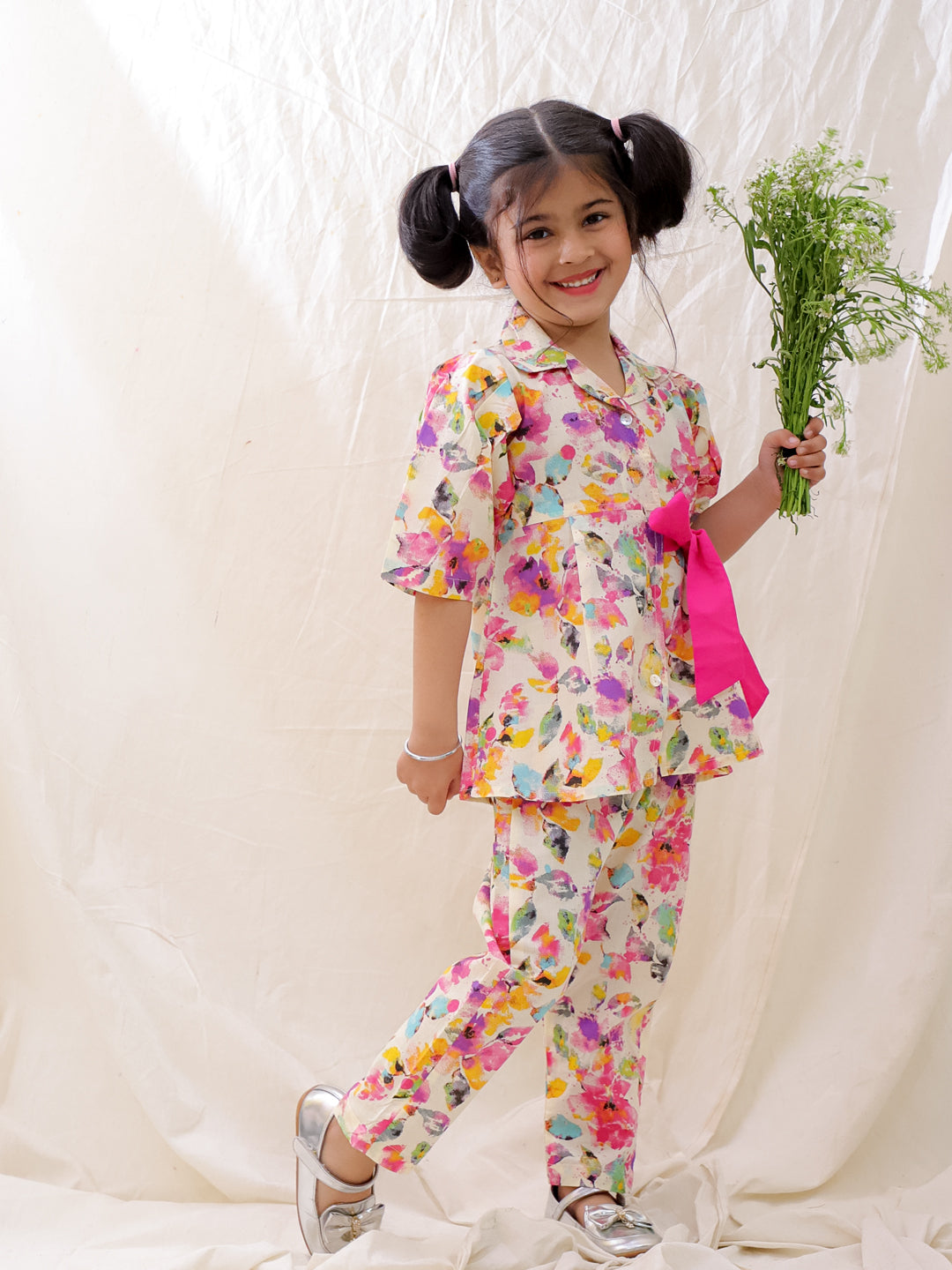 BownBee Short Sleeves Pure Cotton Top & Pants Set For Girls - Pink
