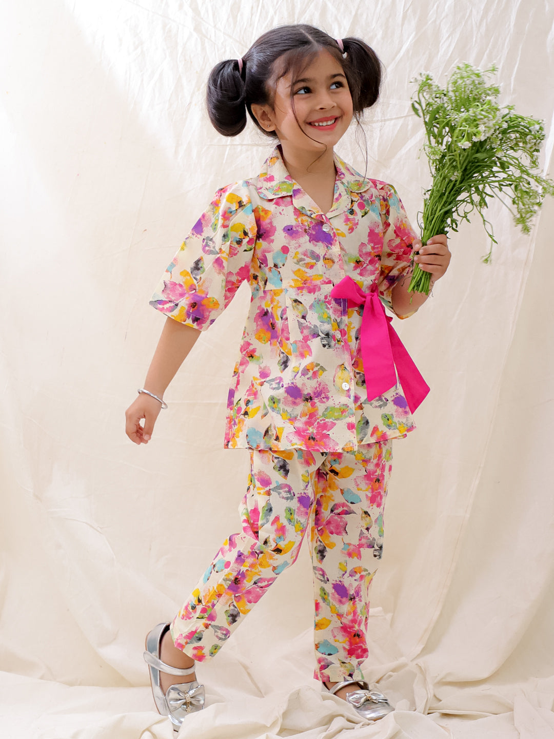 BownBee Short Sleeves Pure Cotton Top & Pants Set For Girls - Pink