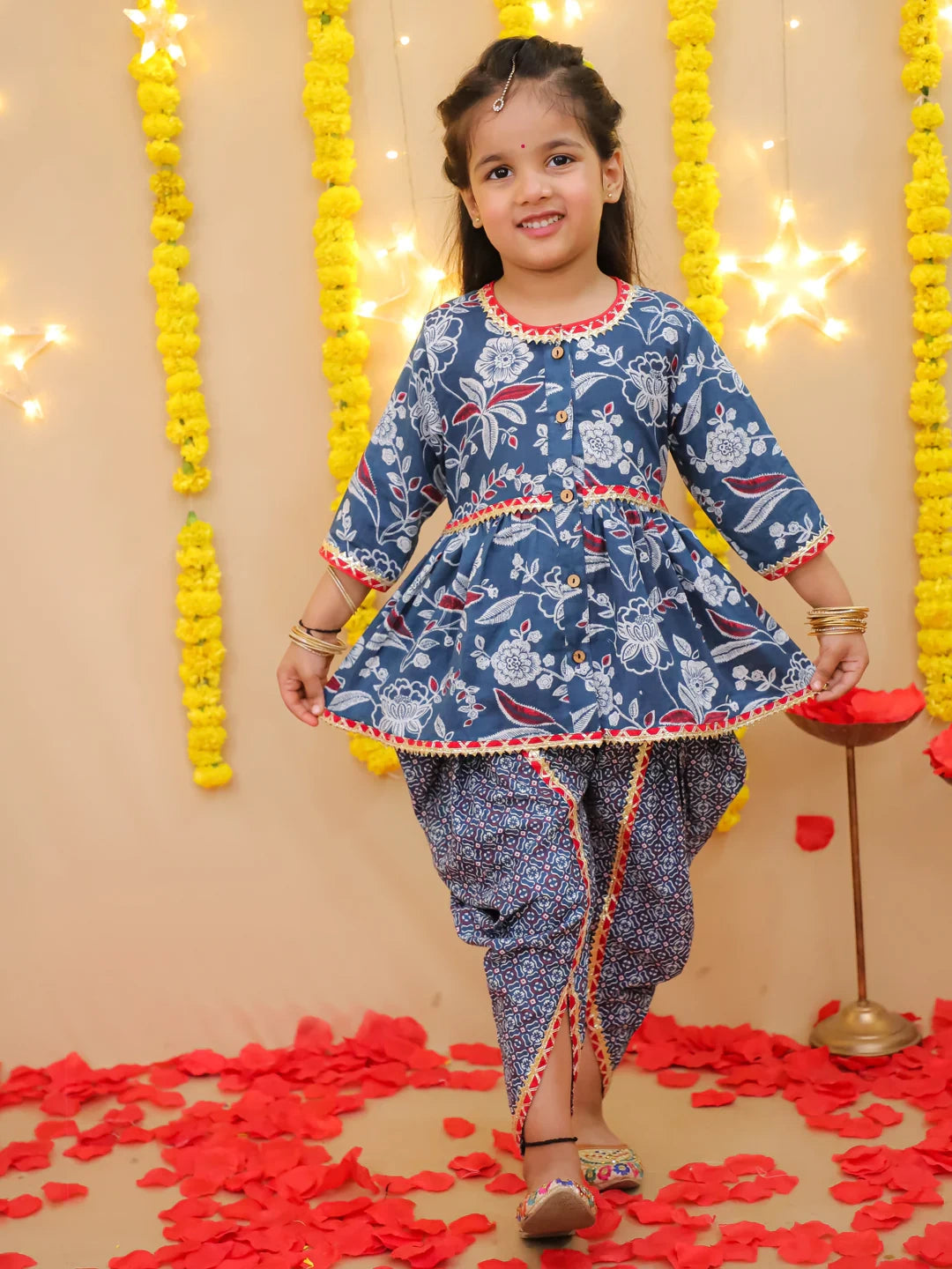 BownBee Floral  3/4th Sleeves Top & Bottom Ethnic Clothing Set For Girls