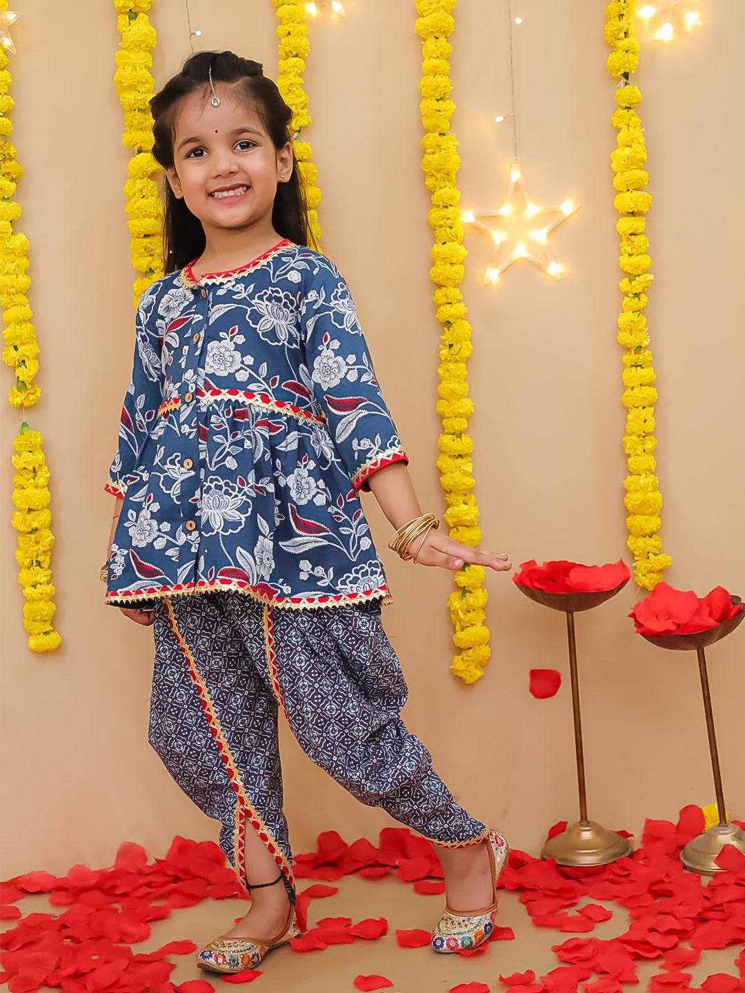 BownBee Floral  3/4th Sleeves Top & Bottom Ethnic Clothing Set For Girls - Blue