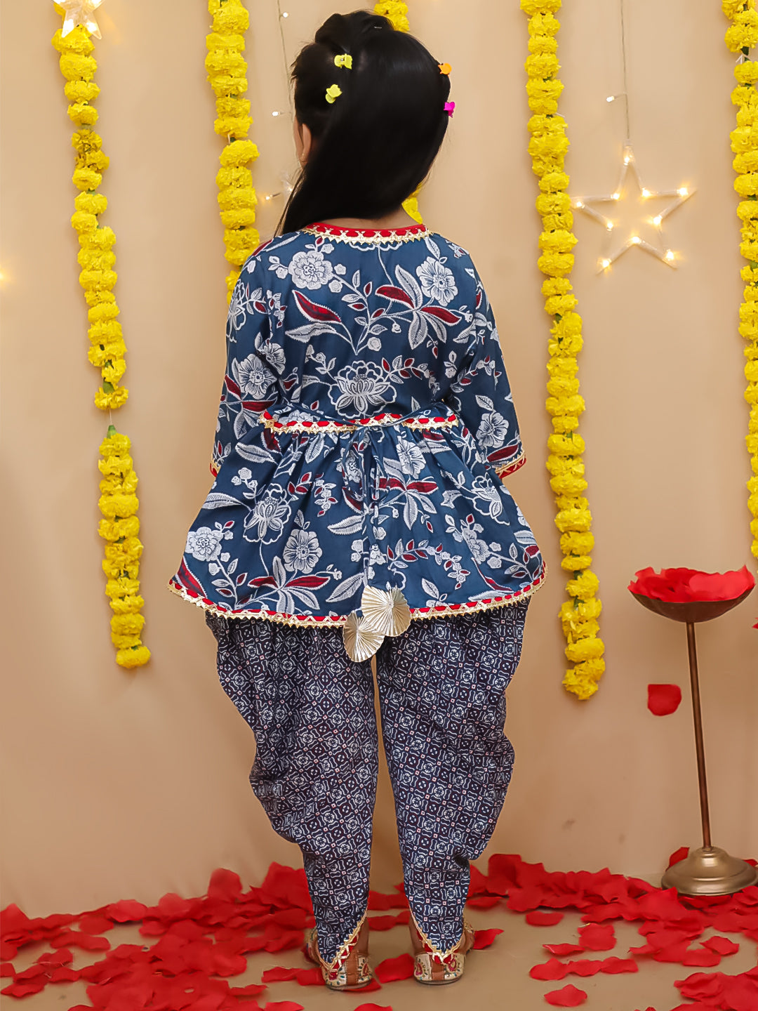 BownBee Floral  3/4th Sleeves Top & Bottom Ethnic Clothing Set For Girls - Blue