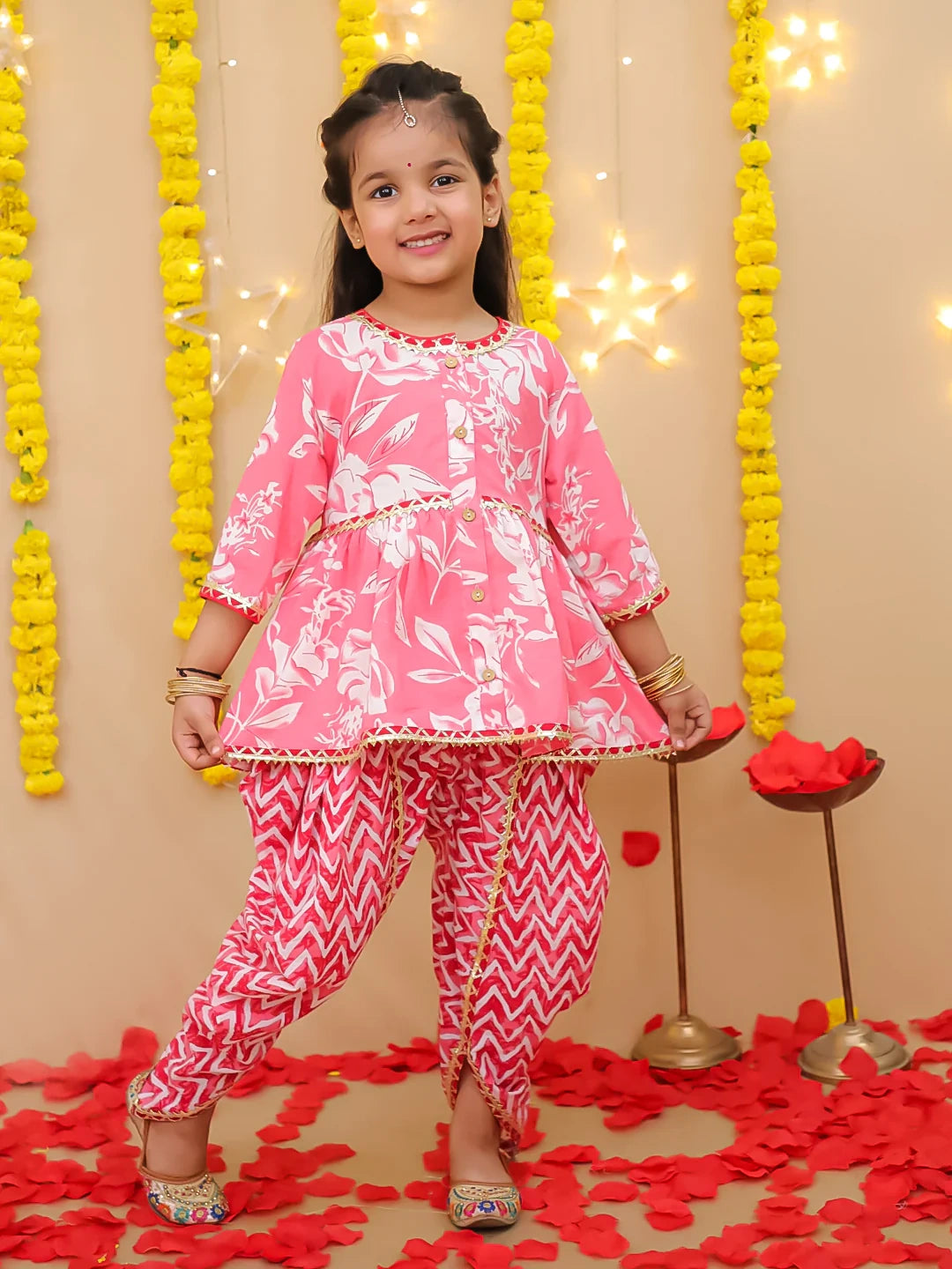 BownBee Floral  3/4th Sleeves Top & Bottom Ethnic Clothing Set For Girls