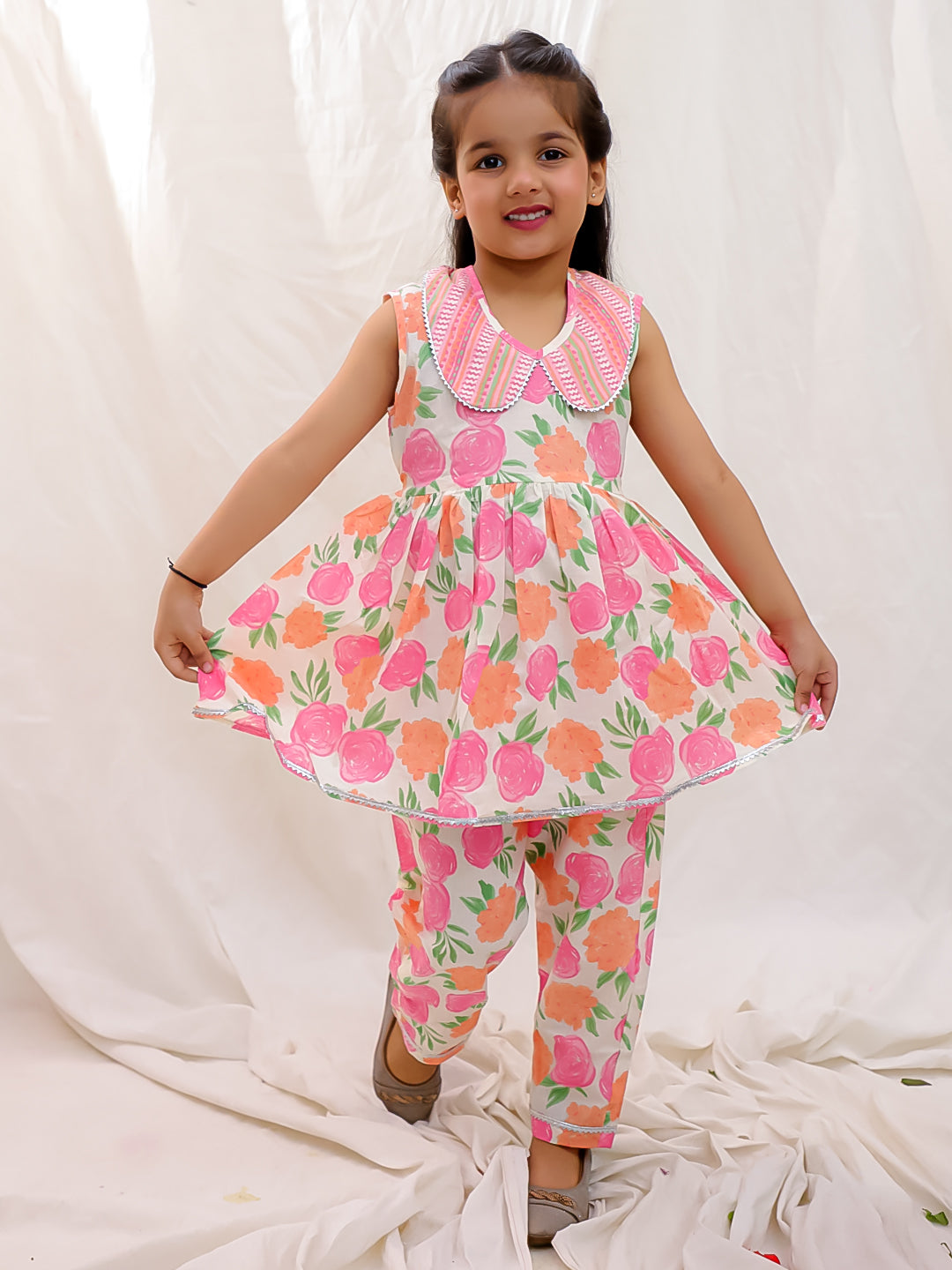 BownBee Floral Sleeveless Clothing Set for Girls | Ethnic Wear for Kids - Blue
