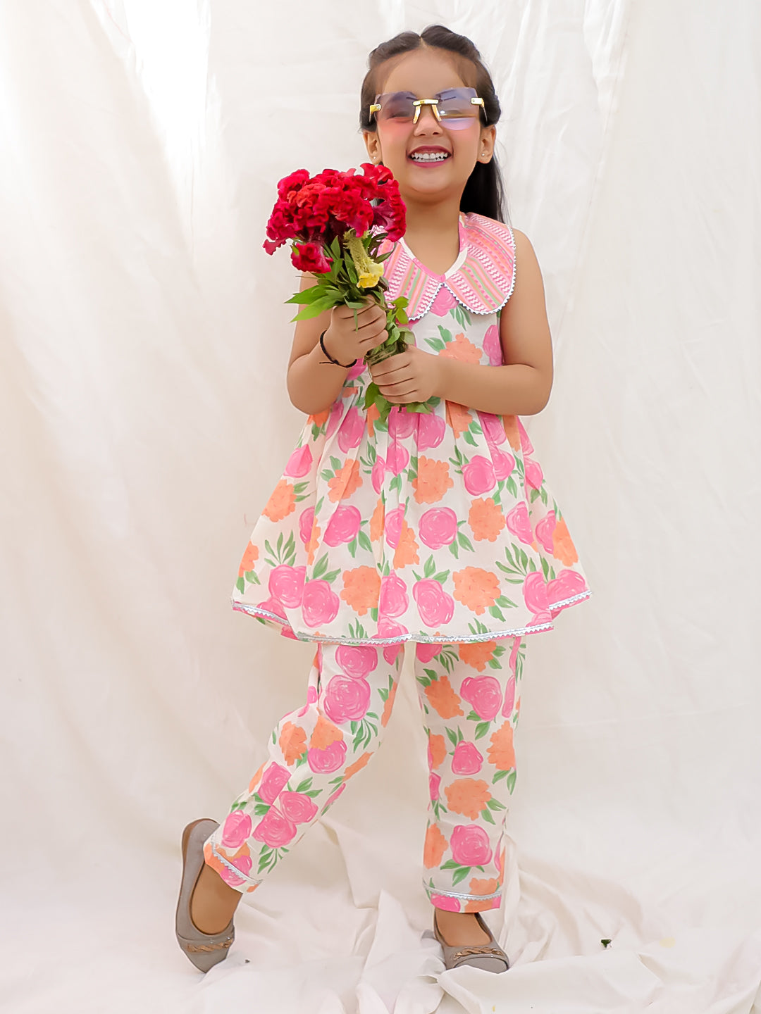 BownBee Floral Sleeveless Clothing Set for Girls | Ethnic Wear for Kids - Blue