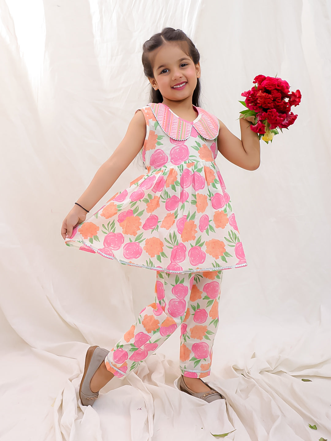 BownBee Floral Sleeveless Clothing Set for Girls | Ethnic Wear for Kids - Blue