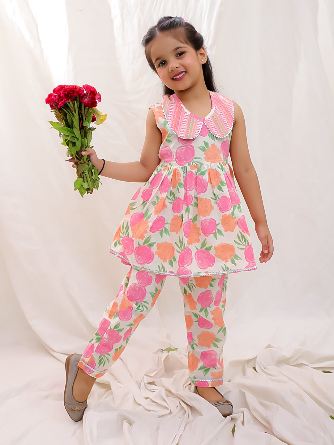 BownBee Floral Sleeveless Clothing Set for Girls | Ethnic Wear for Kids - Blue
