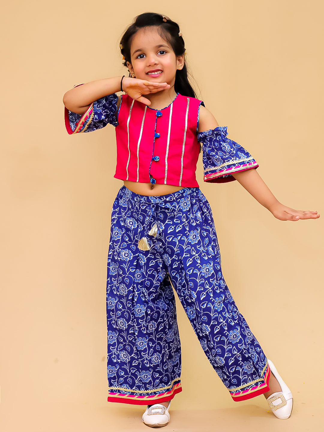 BownBee Pure Cotton Off Shoulder Top With Palazo Set For Girls - Pink