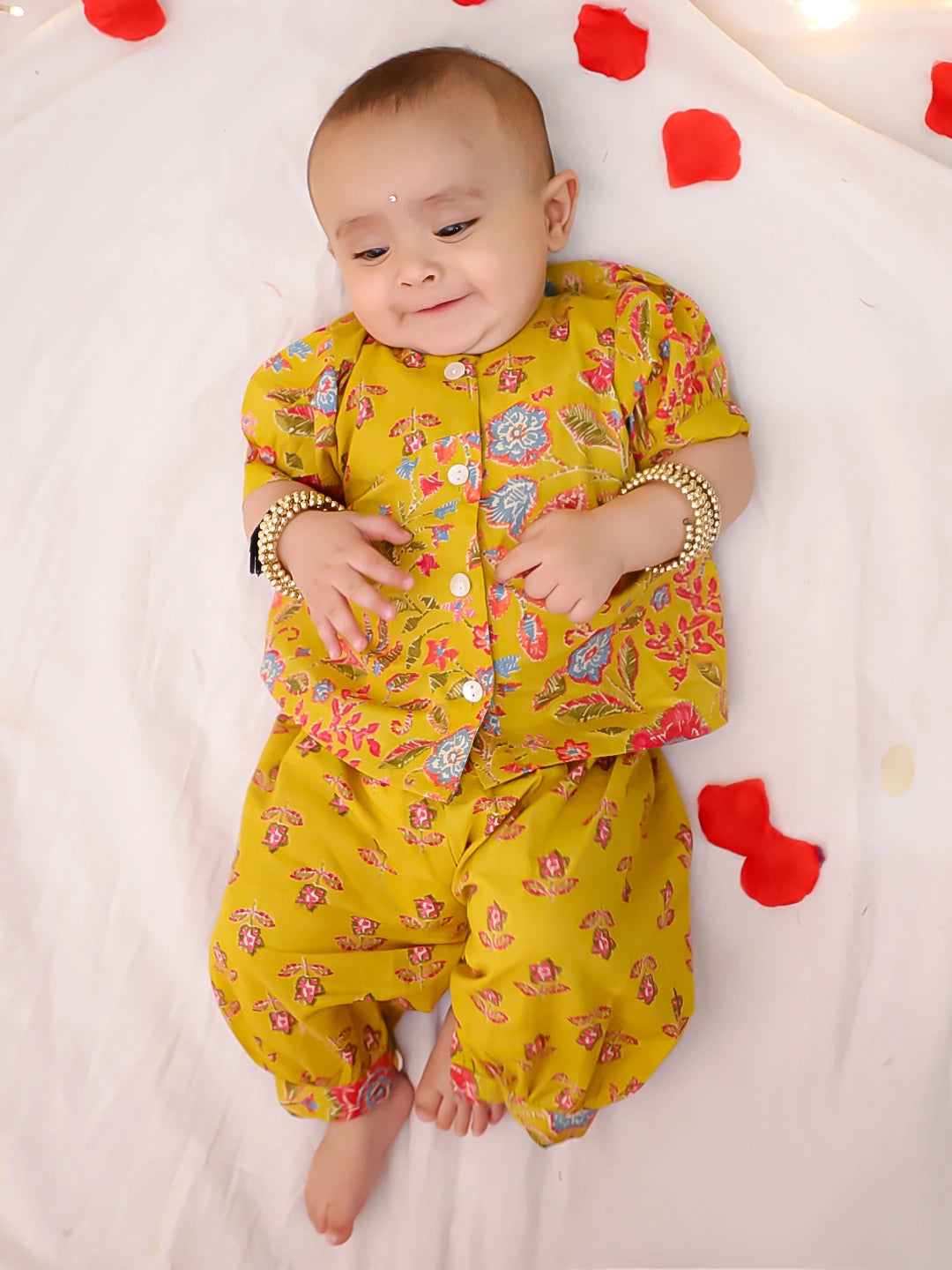 Bownbee Girls Cotton Clothing Set For Infants  - Polka Dots - Yellow