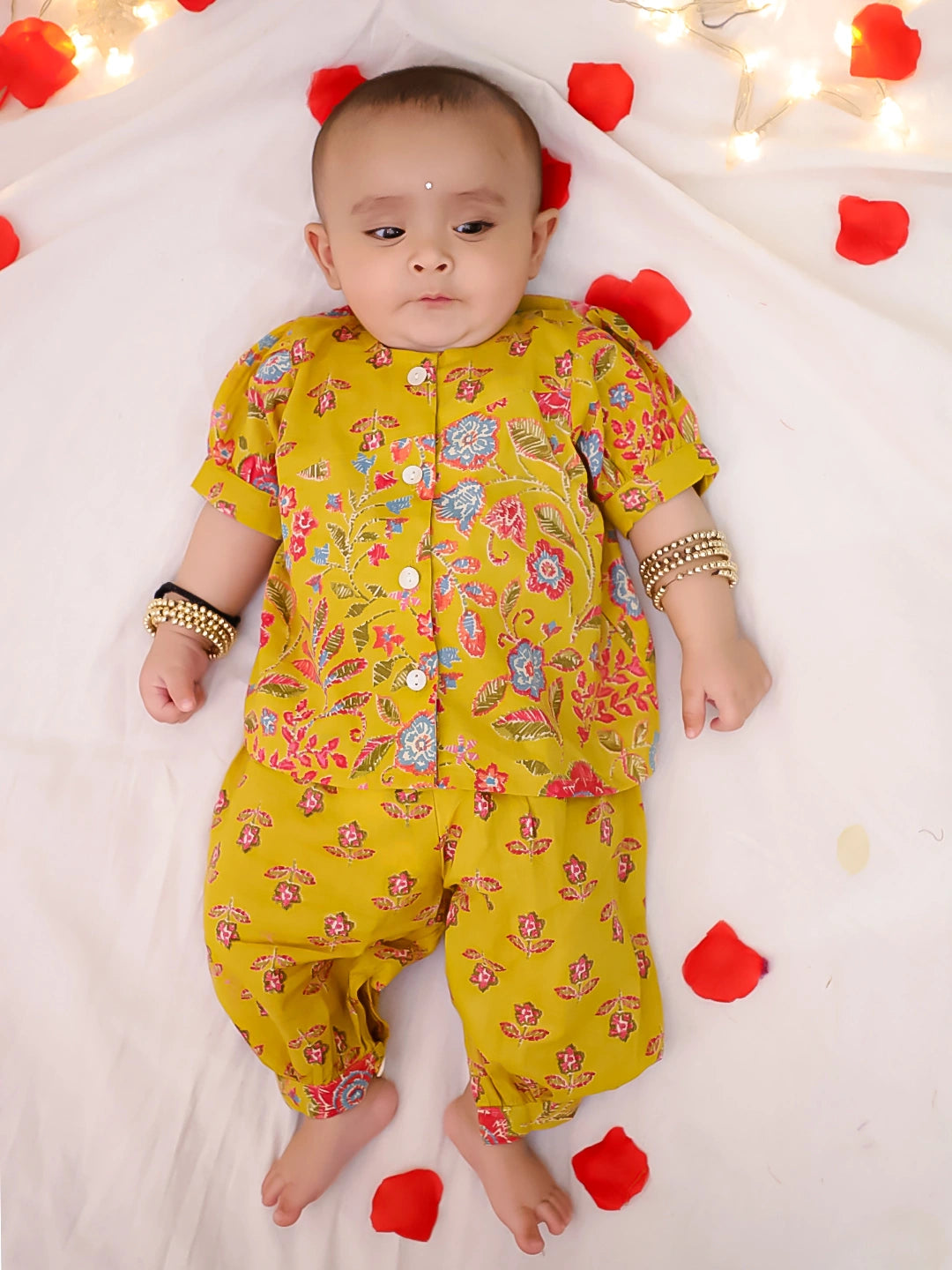 Bownbee Girls Cotton Clothing Set For Infants  - Polka Dots - Yellow