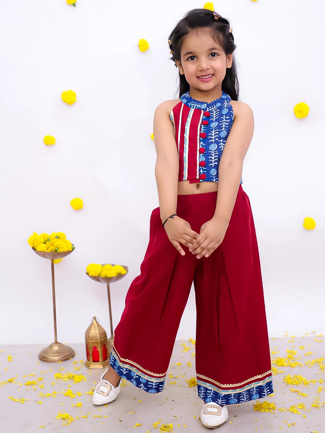 BownBee Pure Cotton Halter Neck With Collared  Top With Palazo Set For Girls