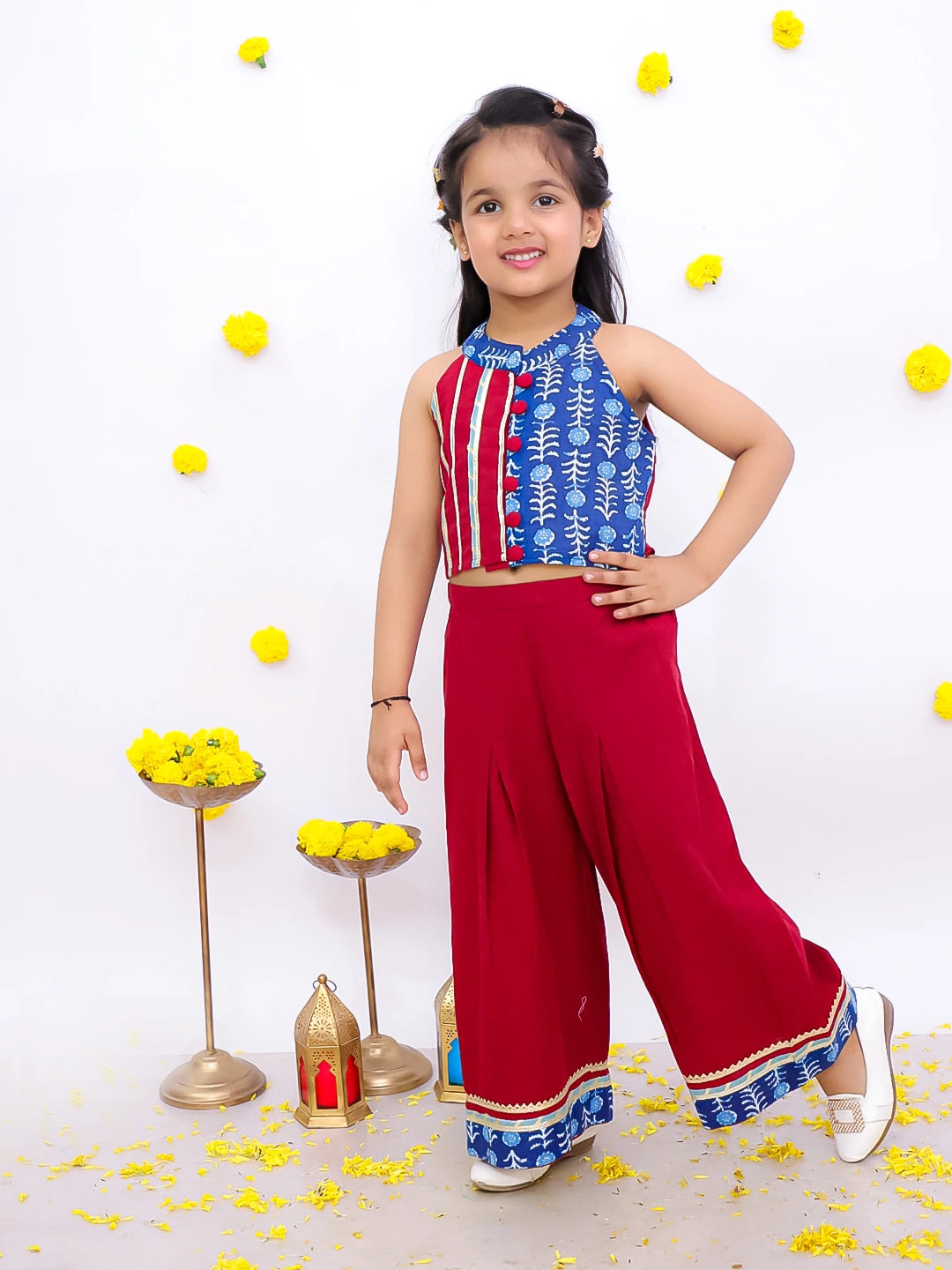BownBee Pure Cotton Halter Neck With Collared  Top With Palazo Set For Girls