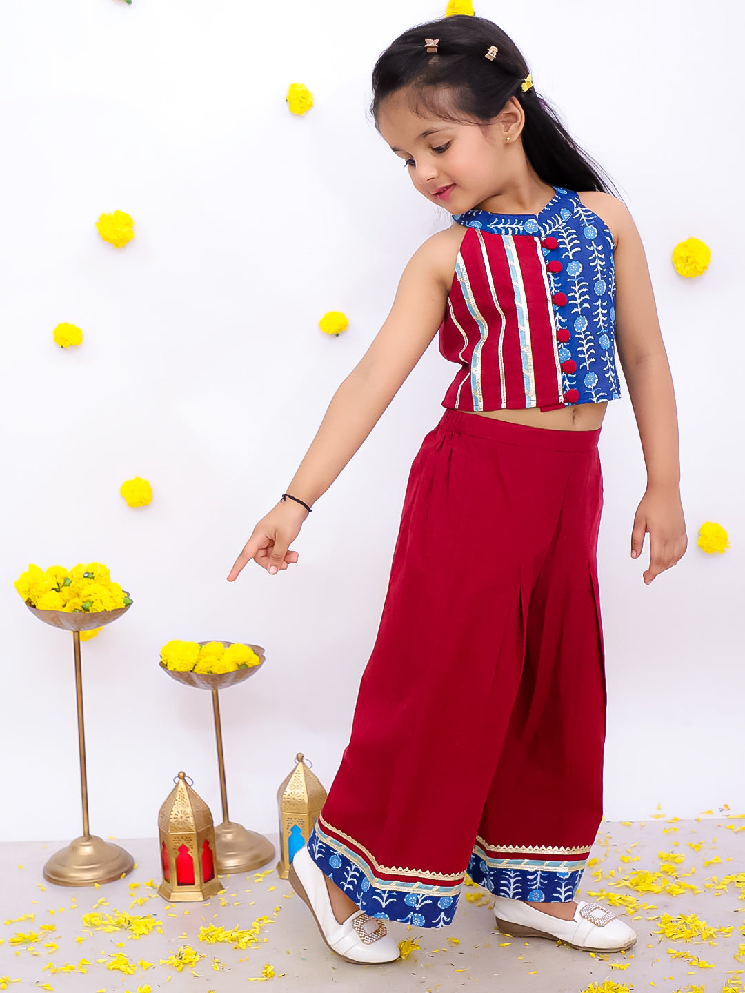 BownBee Pure Cotton Halter Neck With Collared  Top With Palazo Set For Girls - Maroon (Pre-Order)