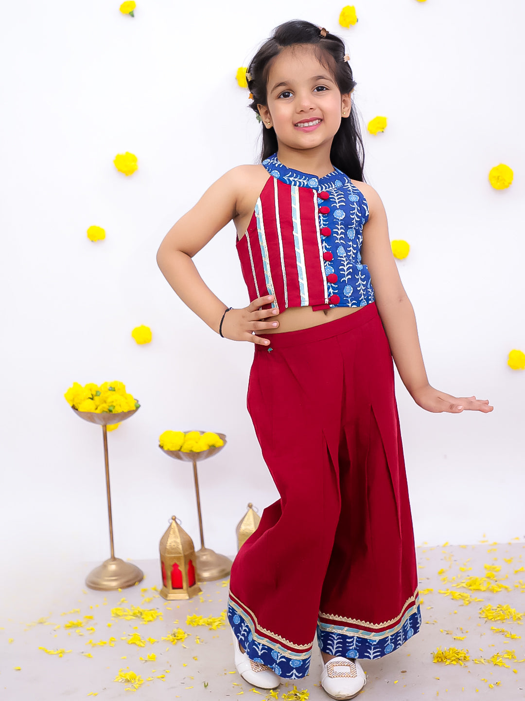 BownBee Pure Cotton Halter Neck With Collared  Top With Palazo Set For Girls - Maroon (Pre-Order)