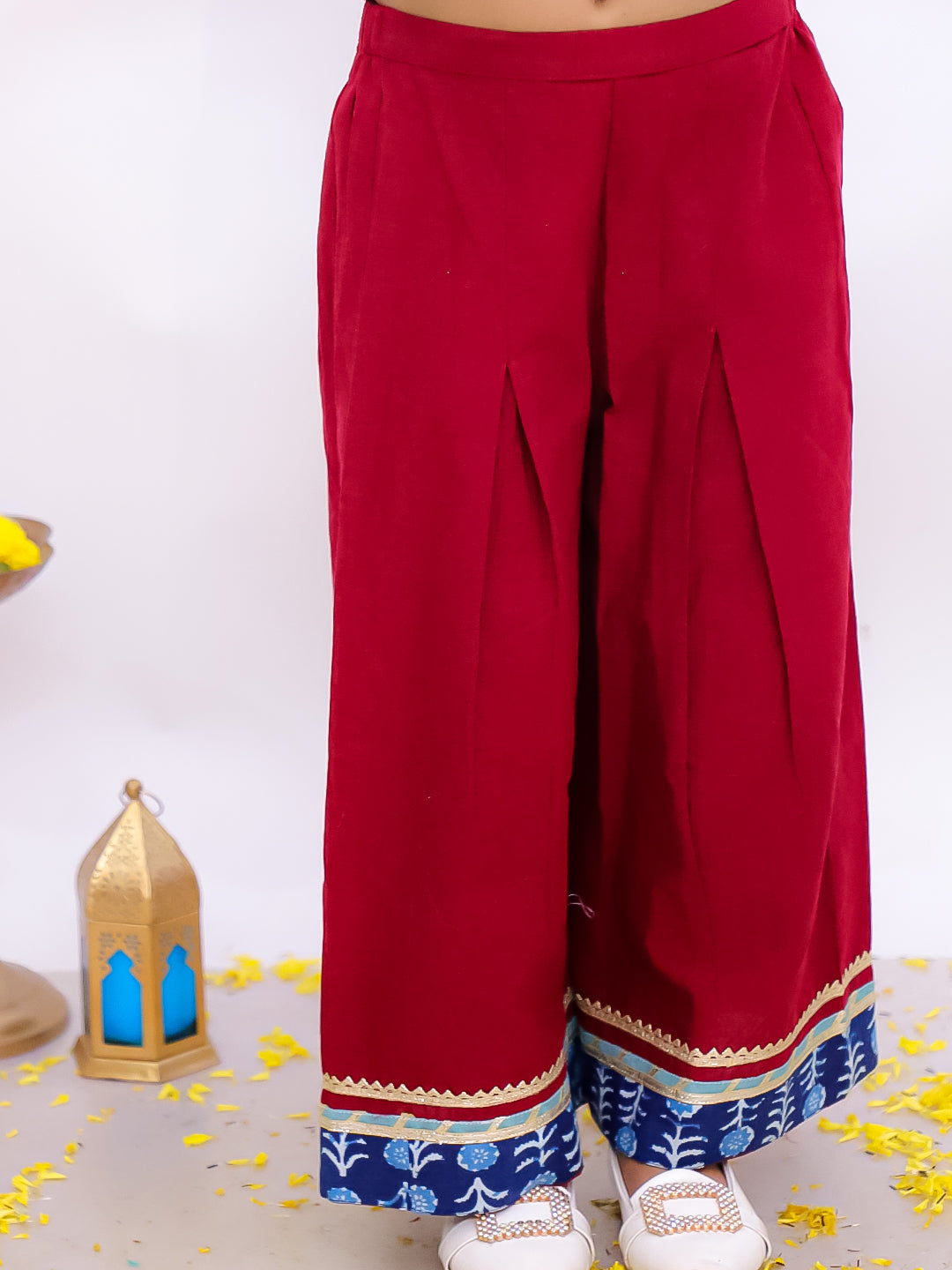 BownBee Pure Cotton Halter Neck With Collared  Top With Palazo Set For Girls - Maroon (Pre-Order)