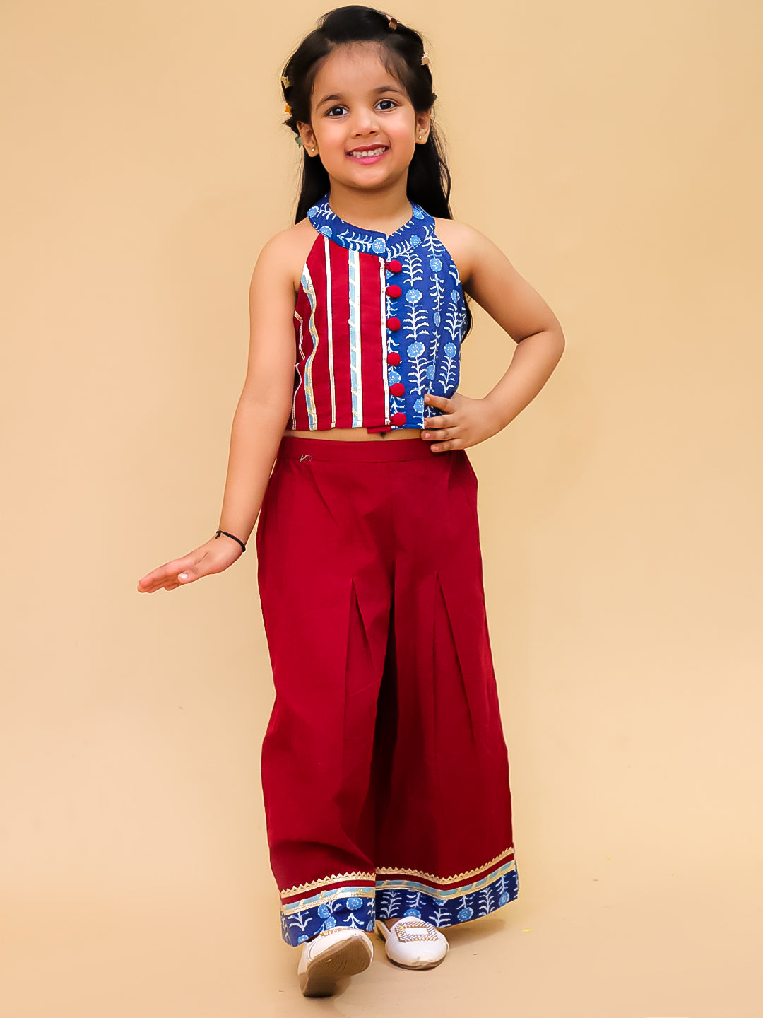 BownBee Pure Cotton Halter Neck With Collared  Top With Palazo Set For Girls - Maroon (Pre-Order)