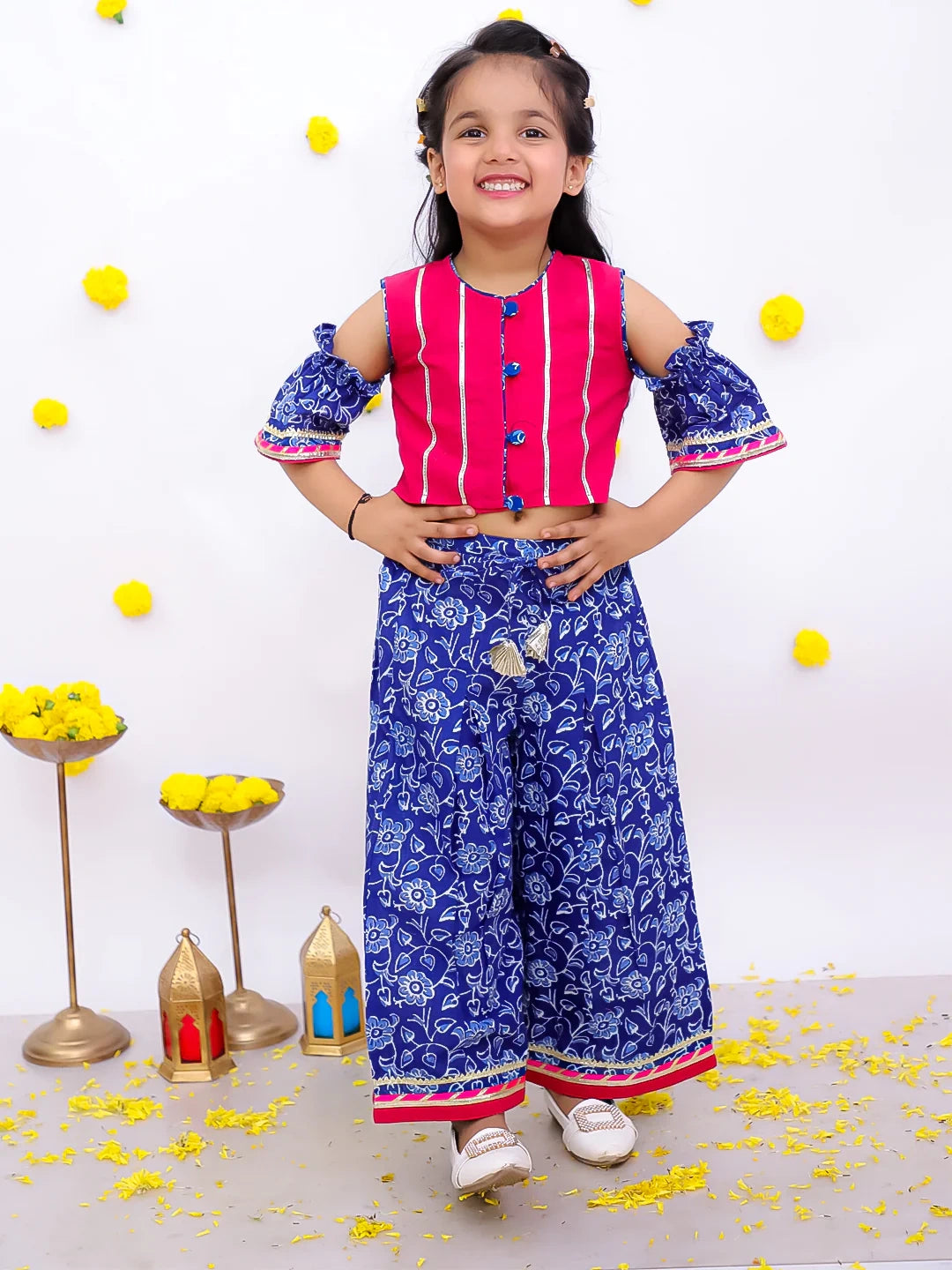 BownBee Pure Cotton Off Shoulder Top With Palazo Set For Girls
