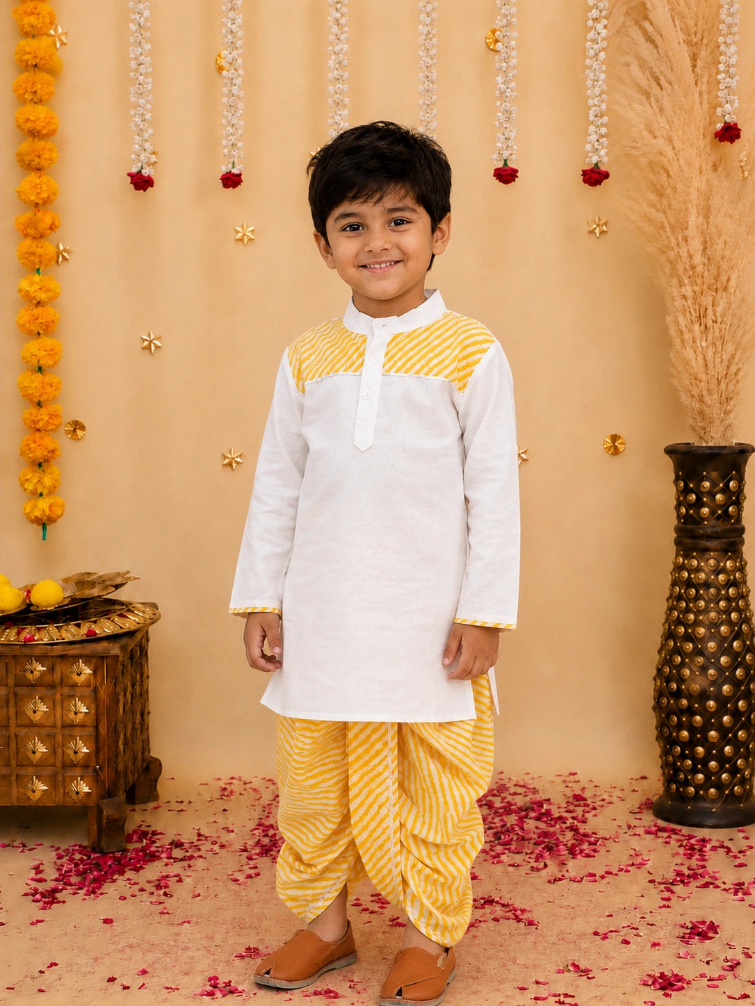 BownBee Ethnic Pure Cotton Lehriya Dhoti Kurta  Set For Boys