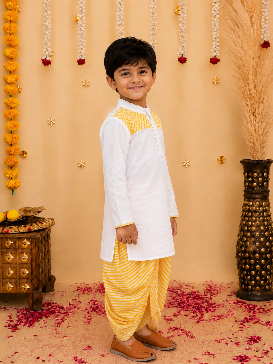BownBee Ethnic Pure Cotton Lehriya Dhoti Kurta  Set For Boys