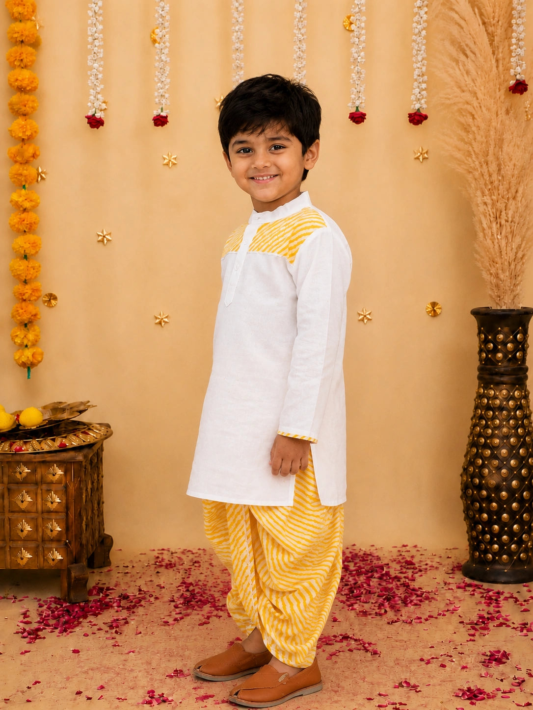 BownBee Ethnic Pure Cotton Lehriya Dhoti Kurta  Set For Boys