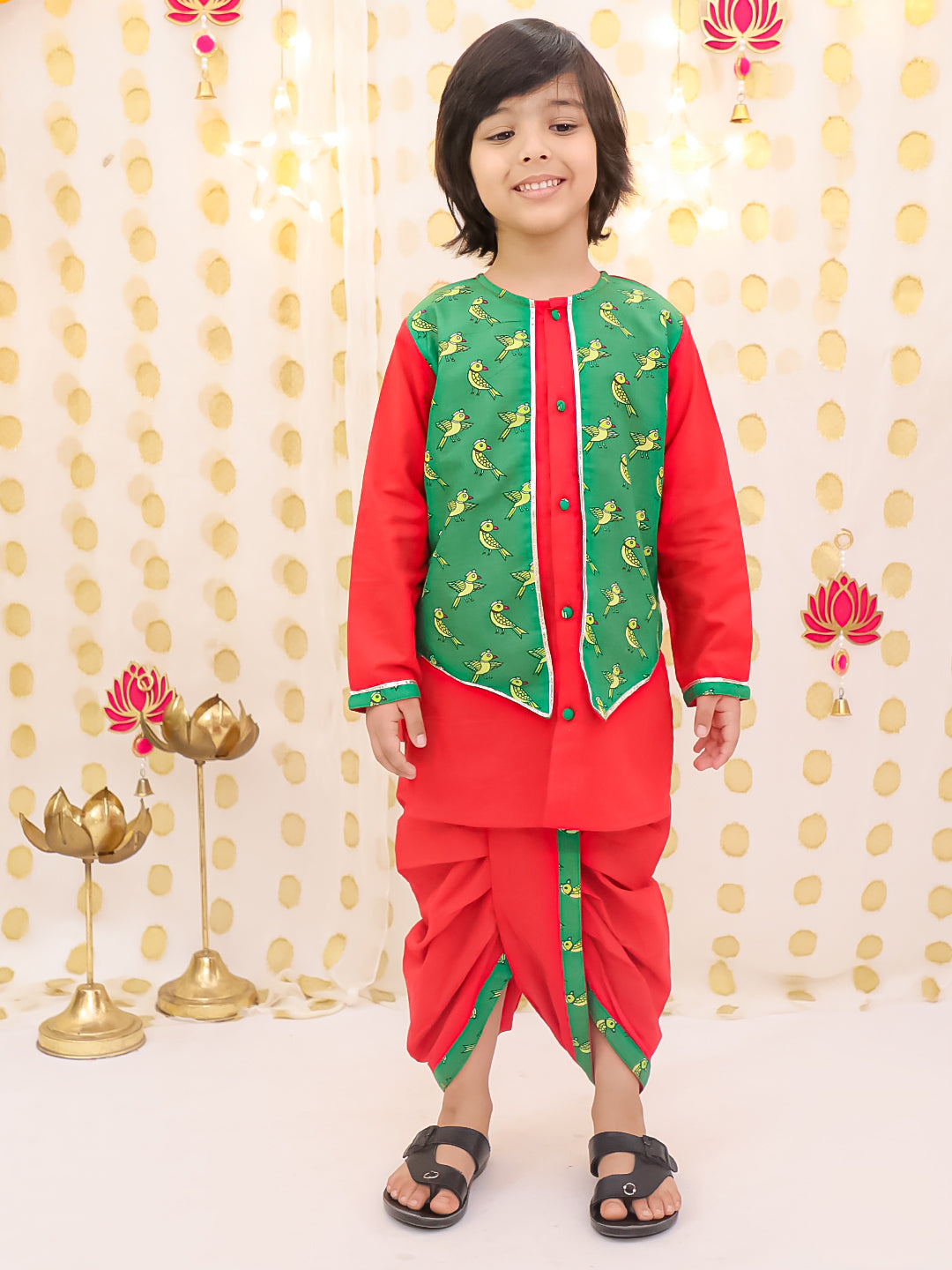 BownBee Pure Cotton Quirky Printed Lehena Choli With Dhoti Kurta Jacket Set Sibling Set - Red
