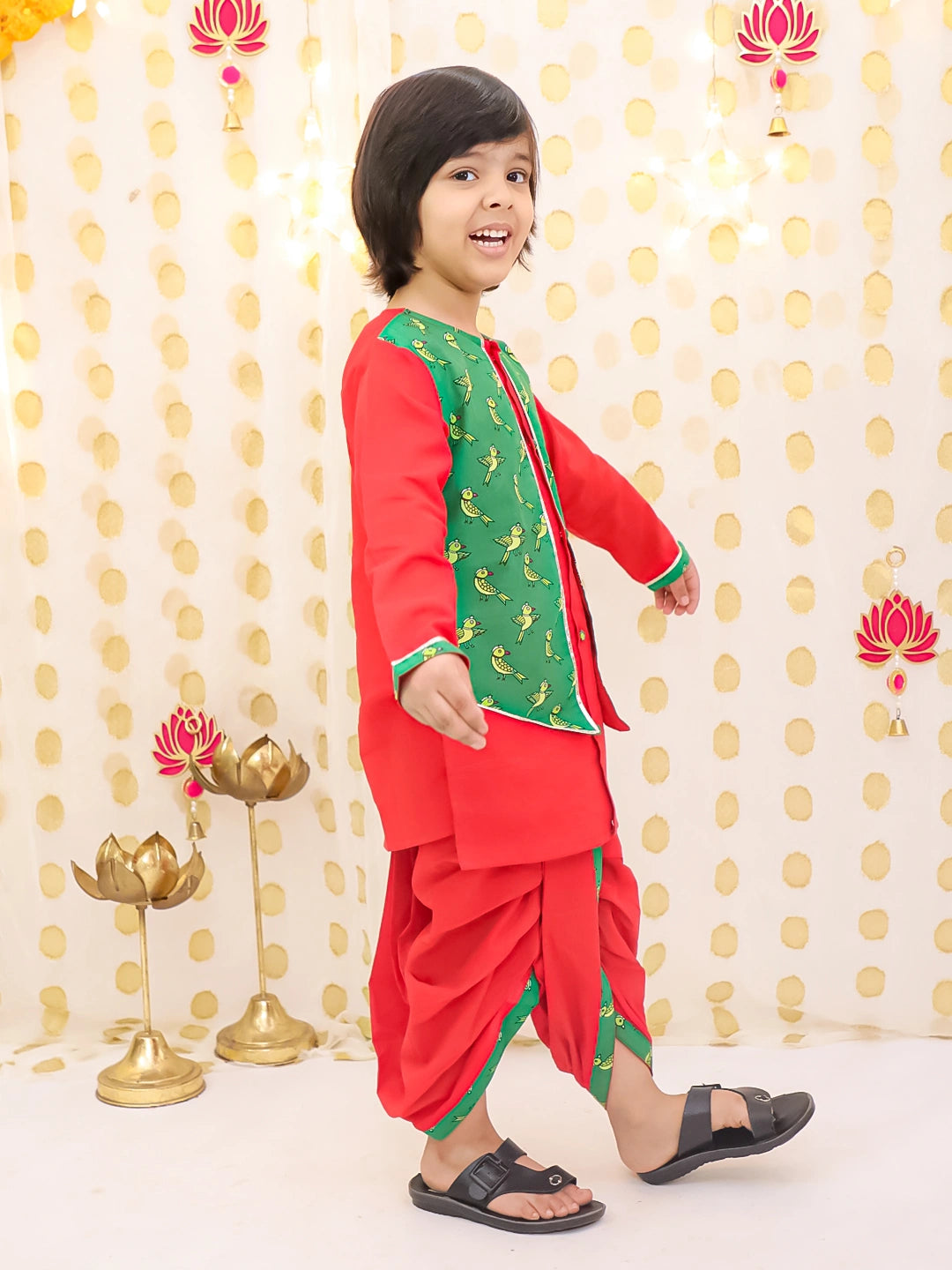 BownBee Pure Cotton Parrot printed Long sleeves Dhoti Kurta With Attach Jacket Set For Boys