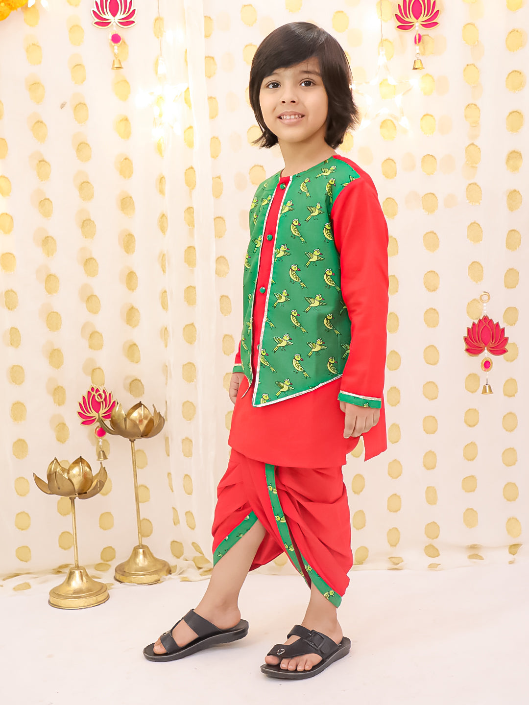 BownBee Pure Cotton Parrot printed Long sleeves Dhoti Kurta With Attach Jacket Set For Boys- Red