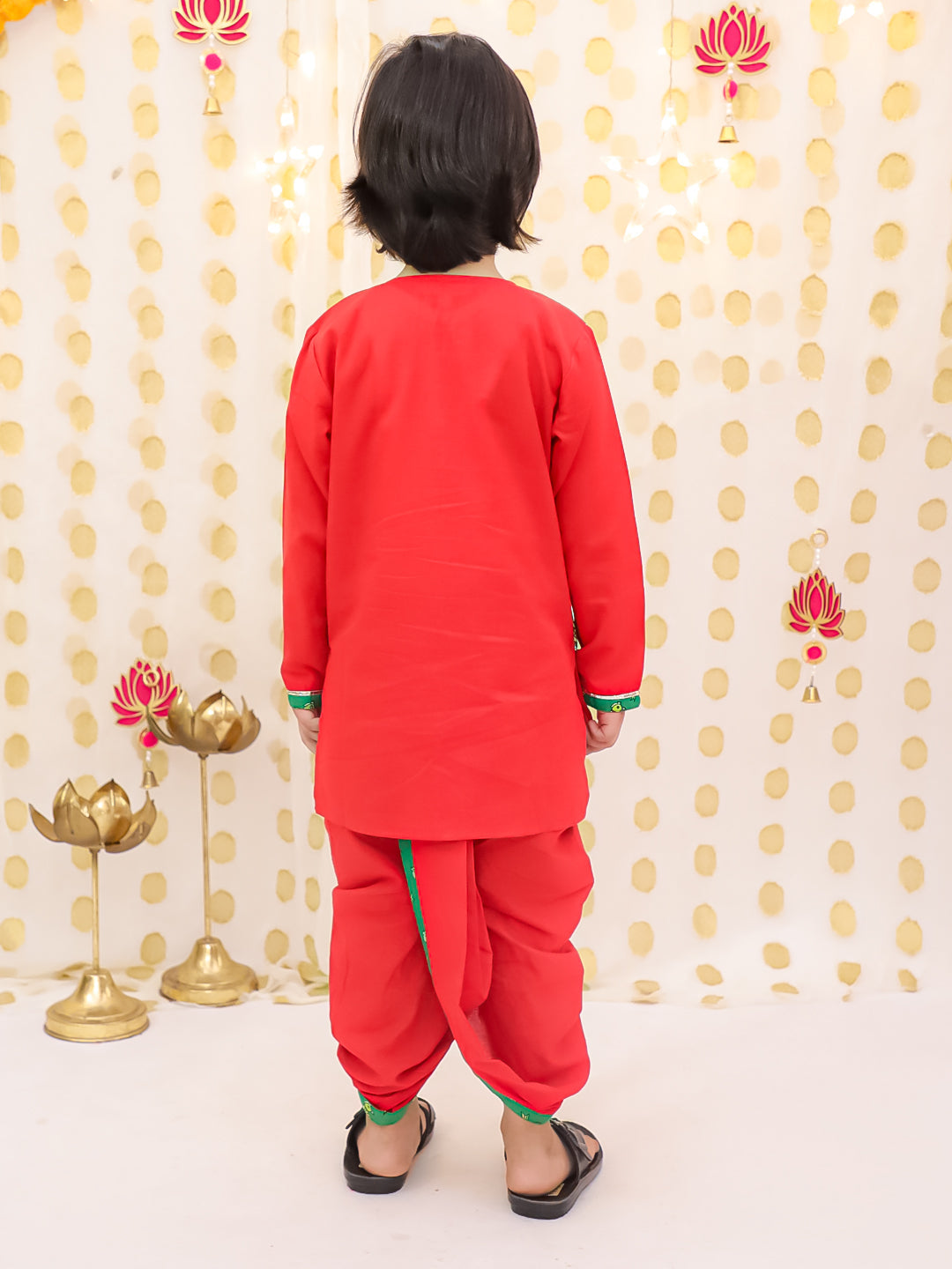 BownBee Pure Cotton Parrot printed Long sleeves Dhoti Kurta With Attach Jacket Set For Boys- Red