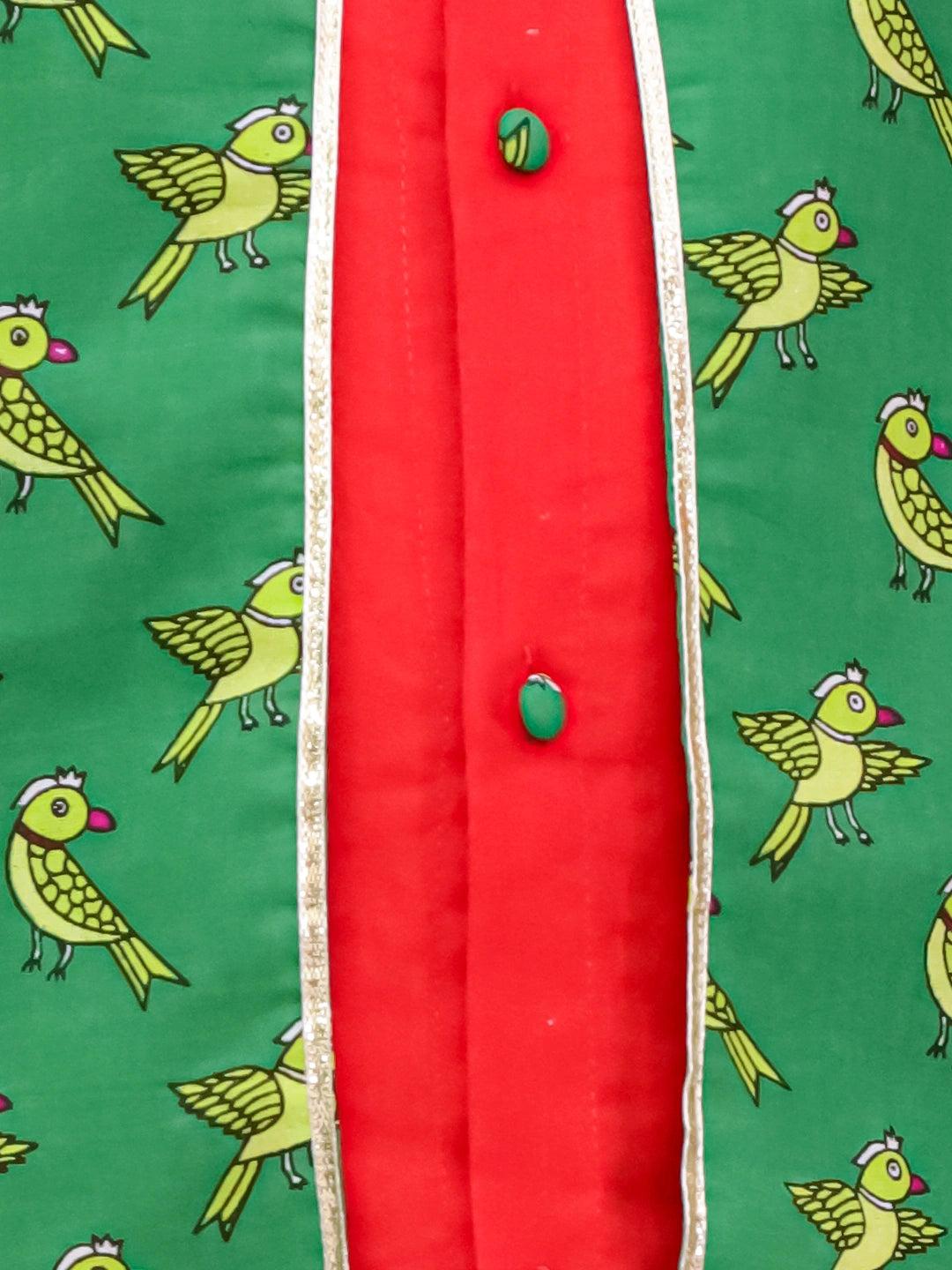 BownBee Pure Cotton Parrot printed Long sleeves Dhoti Kurta With Attach Jacket Set For Boys