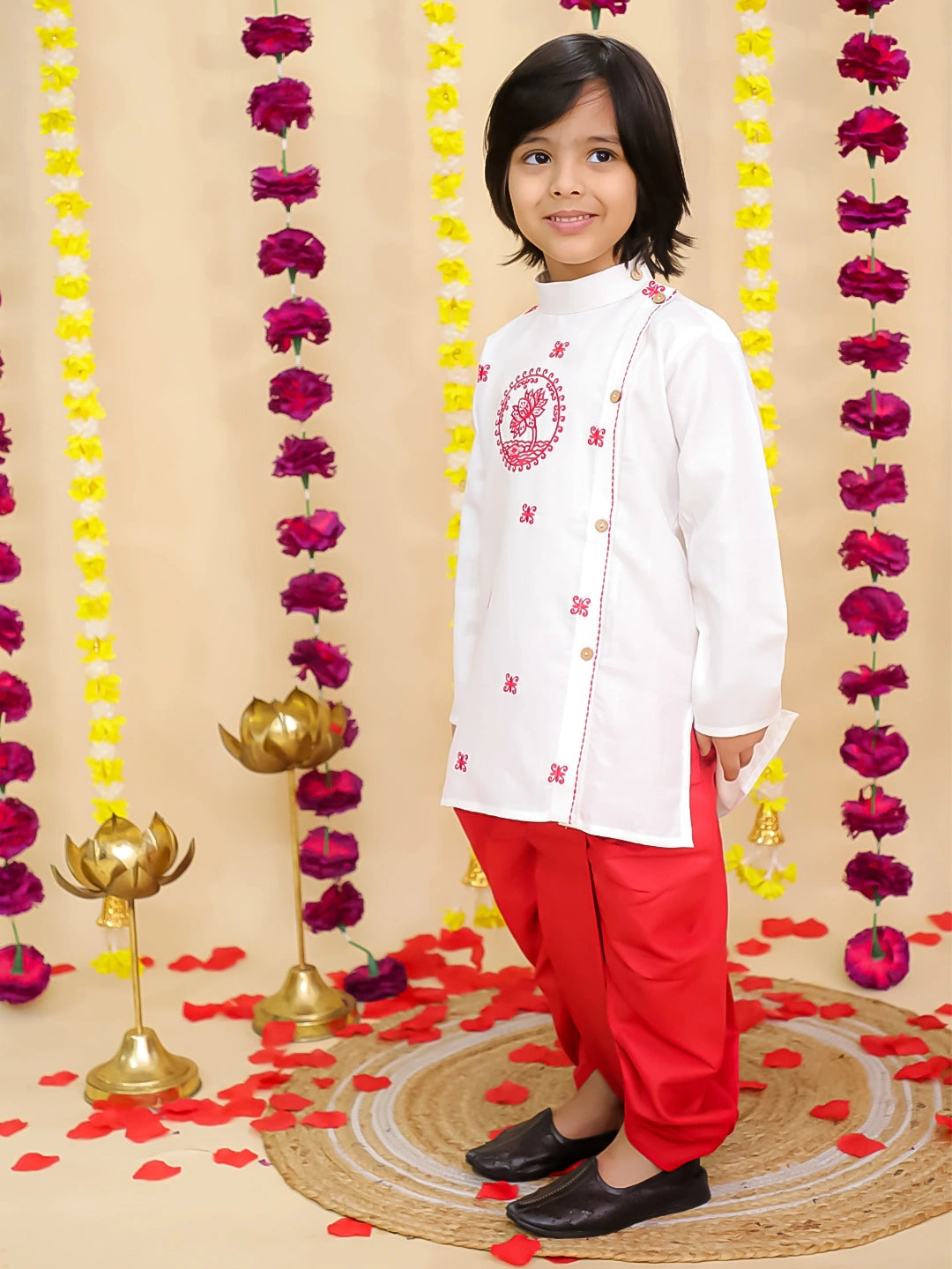 BownBee Lotus Embroidered Suit & Dhoti Kurta Sibling Set