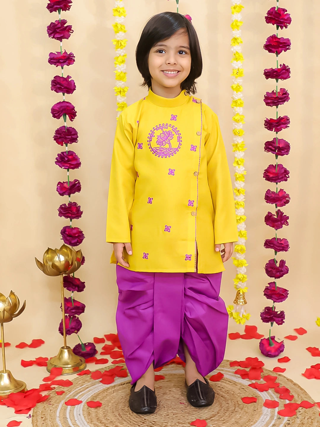 BownBee Lotus Embroidered Suit & Dhoti Kurta Sibling Set