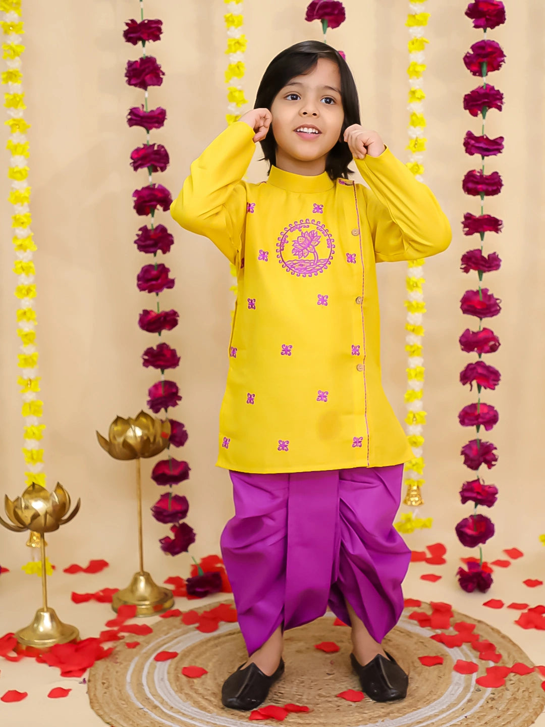 BownBee Lotus Embroidered Suit & Dhoti Kurta Sibling Set