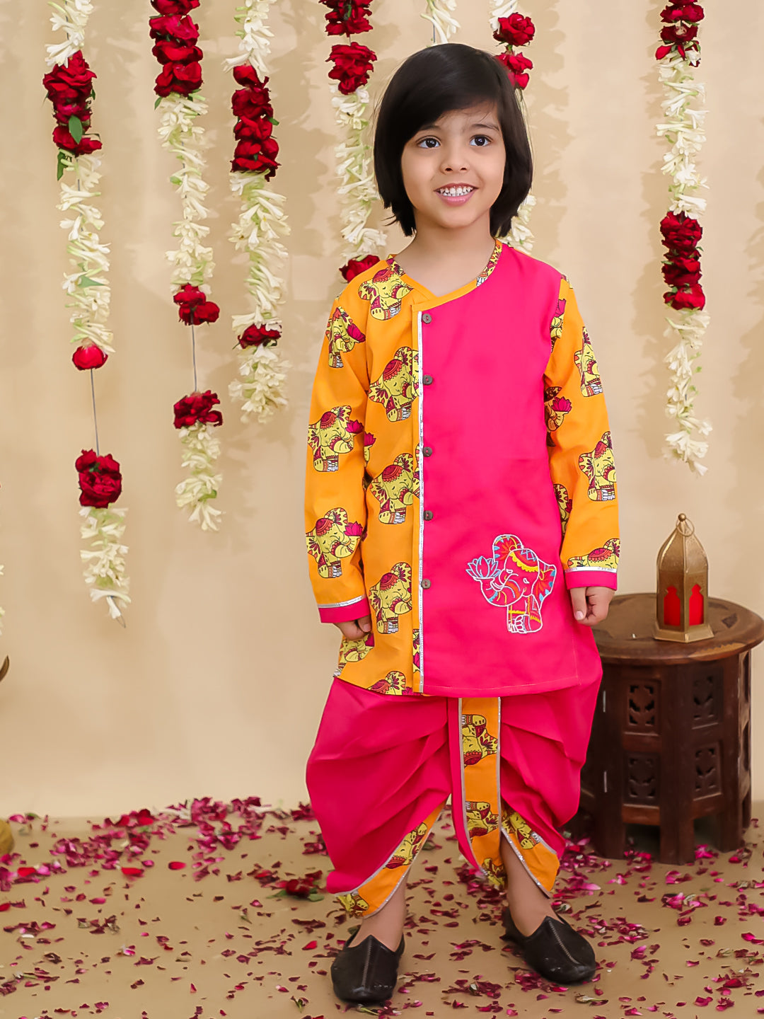 BownBee Elephant Embroidered Suit And Dhoti Kurta Sibling Set -Pink