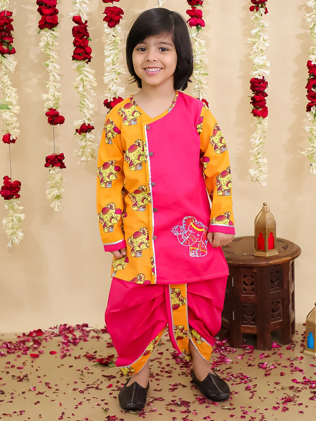 BownBee Pure Cotton Embroidered Elephant Print Dhoti Kurta for Boys Traditional Festive Wear