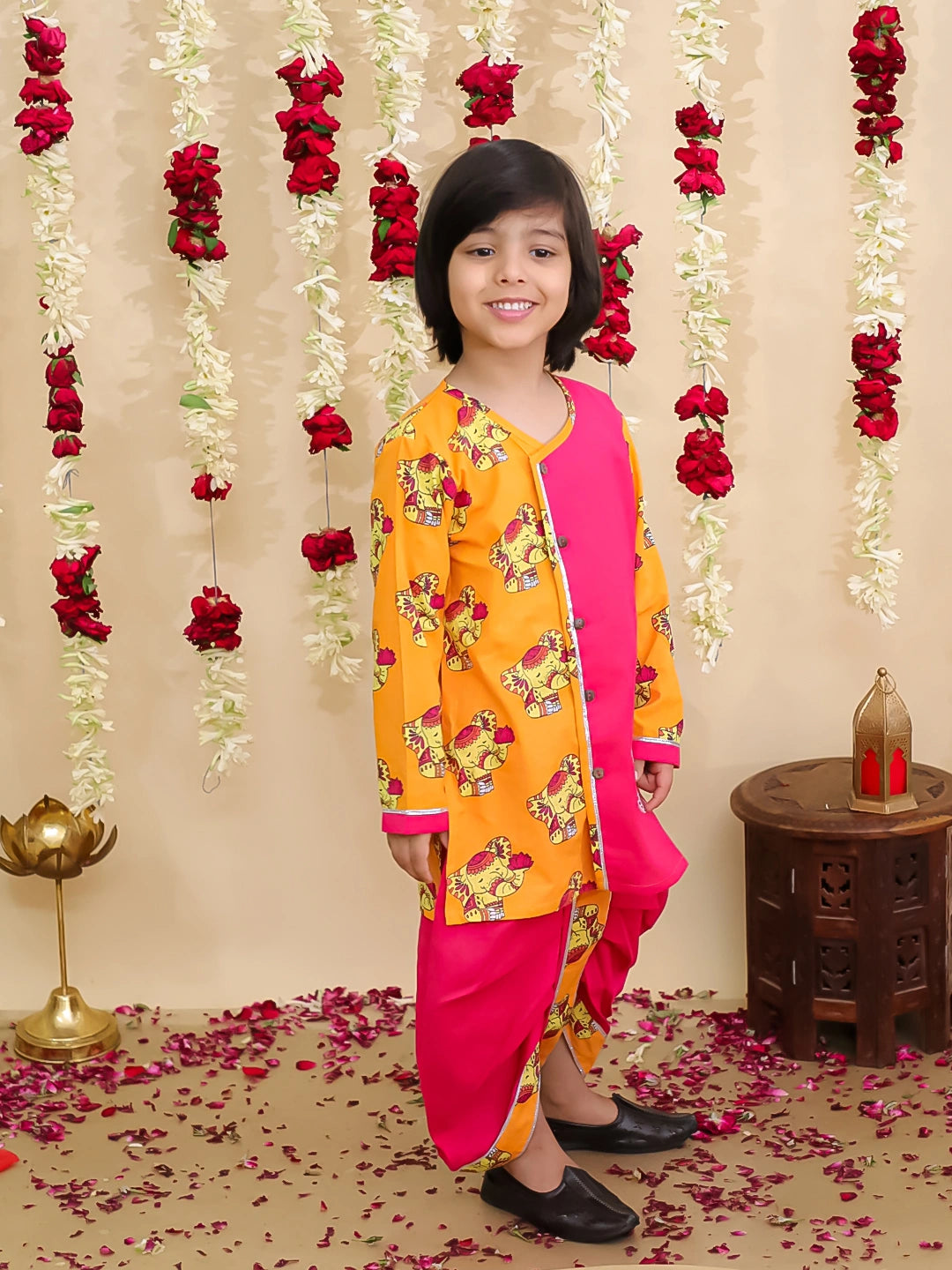 BownBee Pure Cotton Embroidered Elephant Print Dhoti Kurta for Boys Traditional Festive Wear