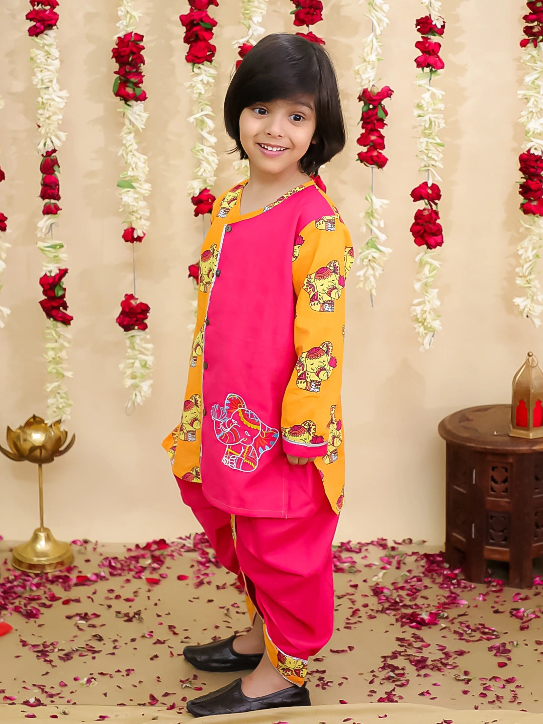 BownBee Pure Cotton Embroidered Elephant Print Dhoti Kurta for Boys Traditional Festive Wear